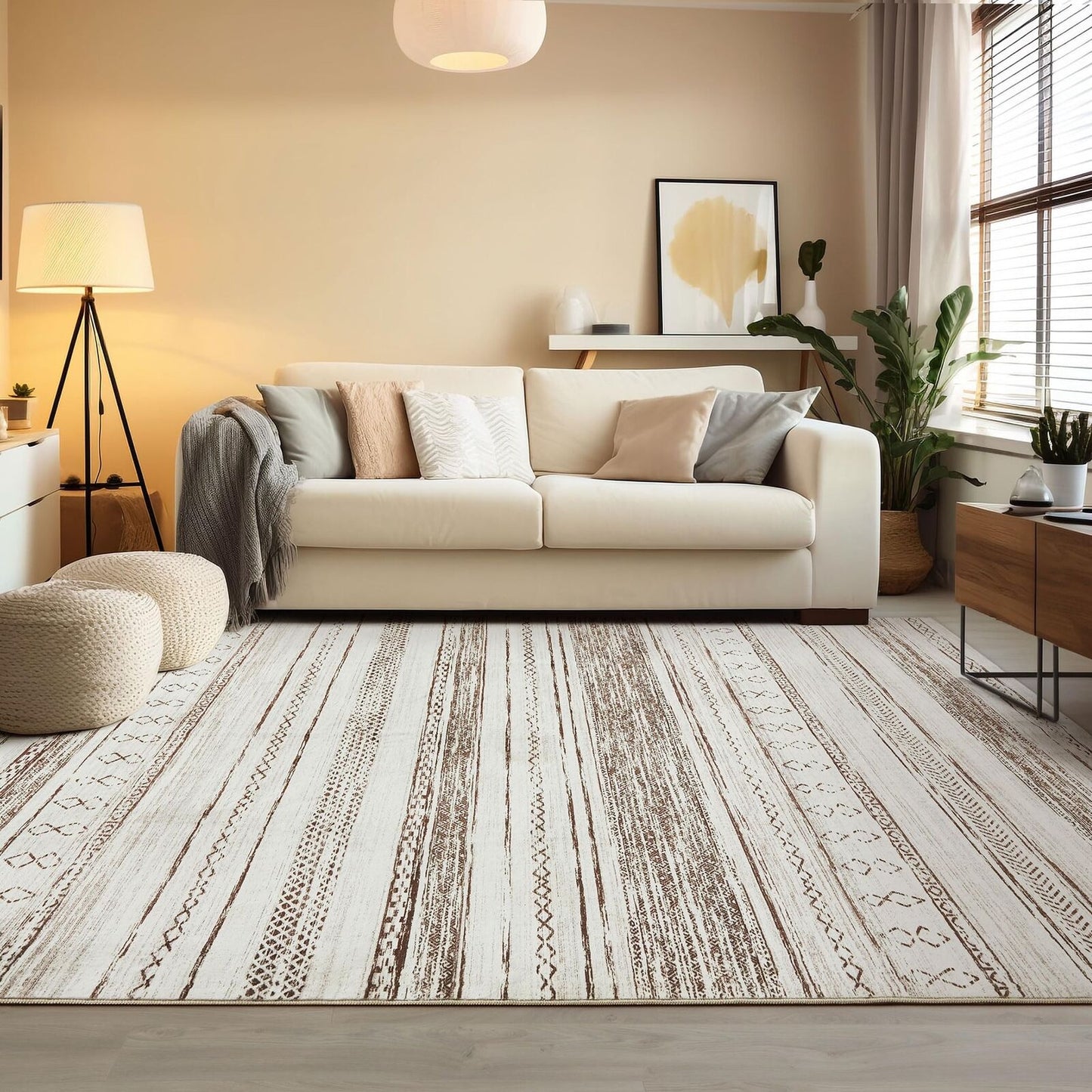 Area Rug Living Room Rugs - 9X12 Washable Large Soft Neutral Boho Moroccan Bo...