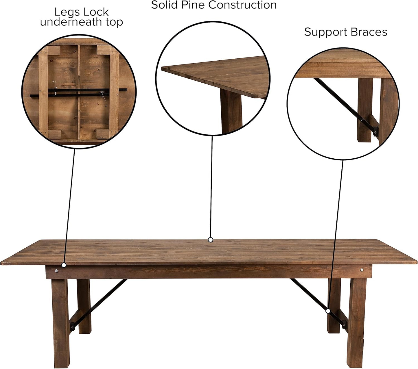 Hercules Series 9' X 40" Rustic Solid Pine Folding Dining Table, Rectangular Antique Farmhouse Dining and Event Extension Table