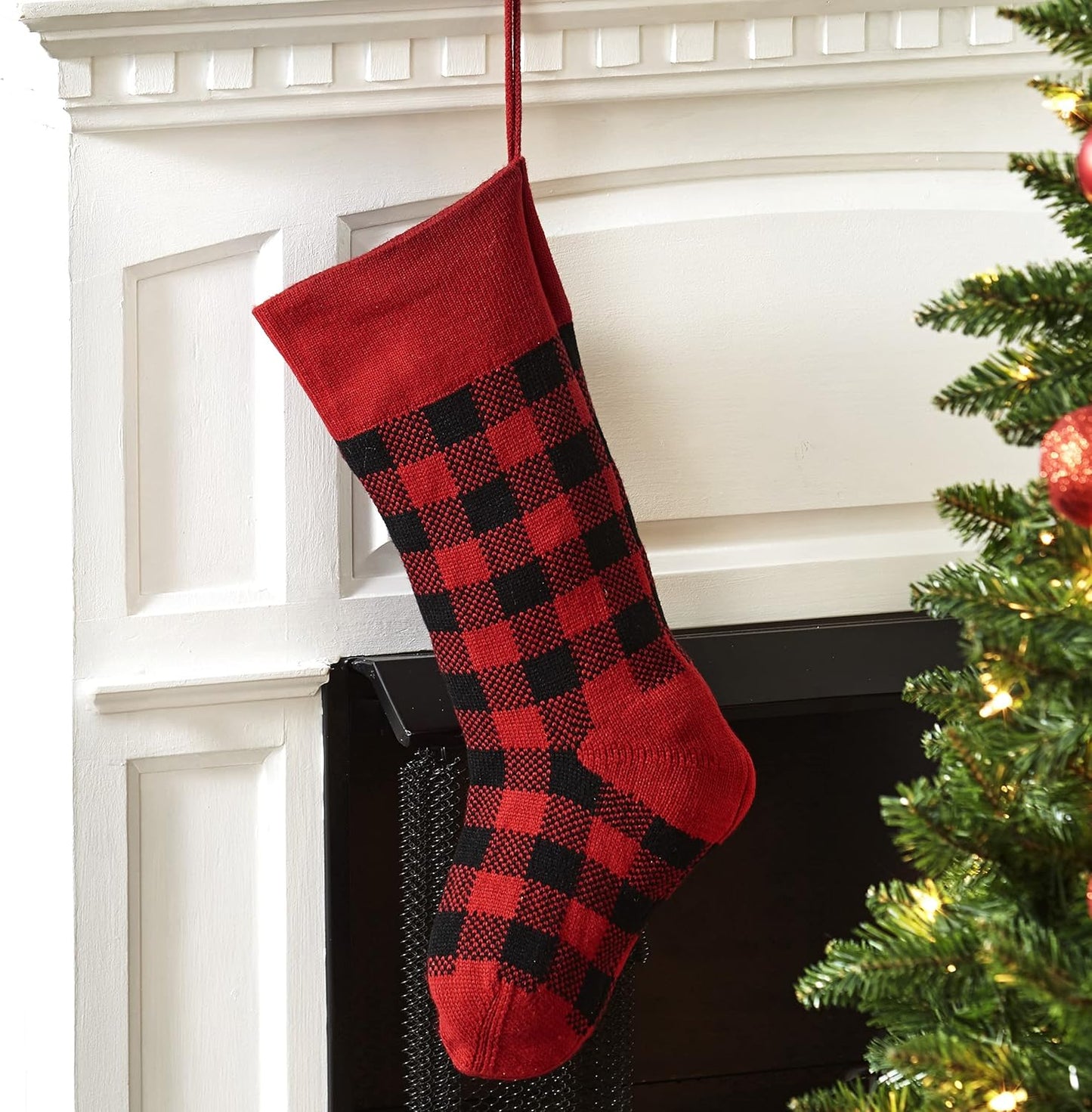 Knit Christmas Stockings - Buffalo Checker Farmhouse Holiday Decor - Red/Black