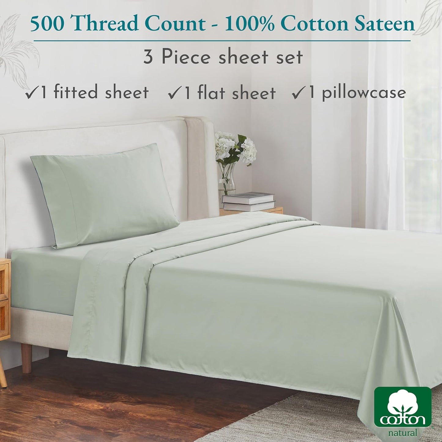 - Finest Twin Cotton Sheets Set, Soft 100% Cotton Cooling Sheets Deep Pockets, 500 Thread Count Bedsheet Set Twin Sheets Set, Twin Bed Sheets (Silver Sage)