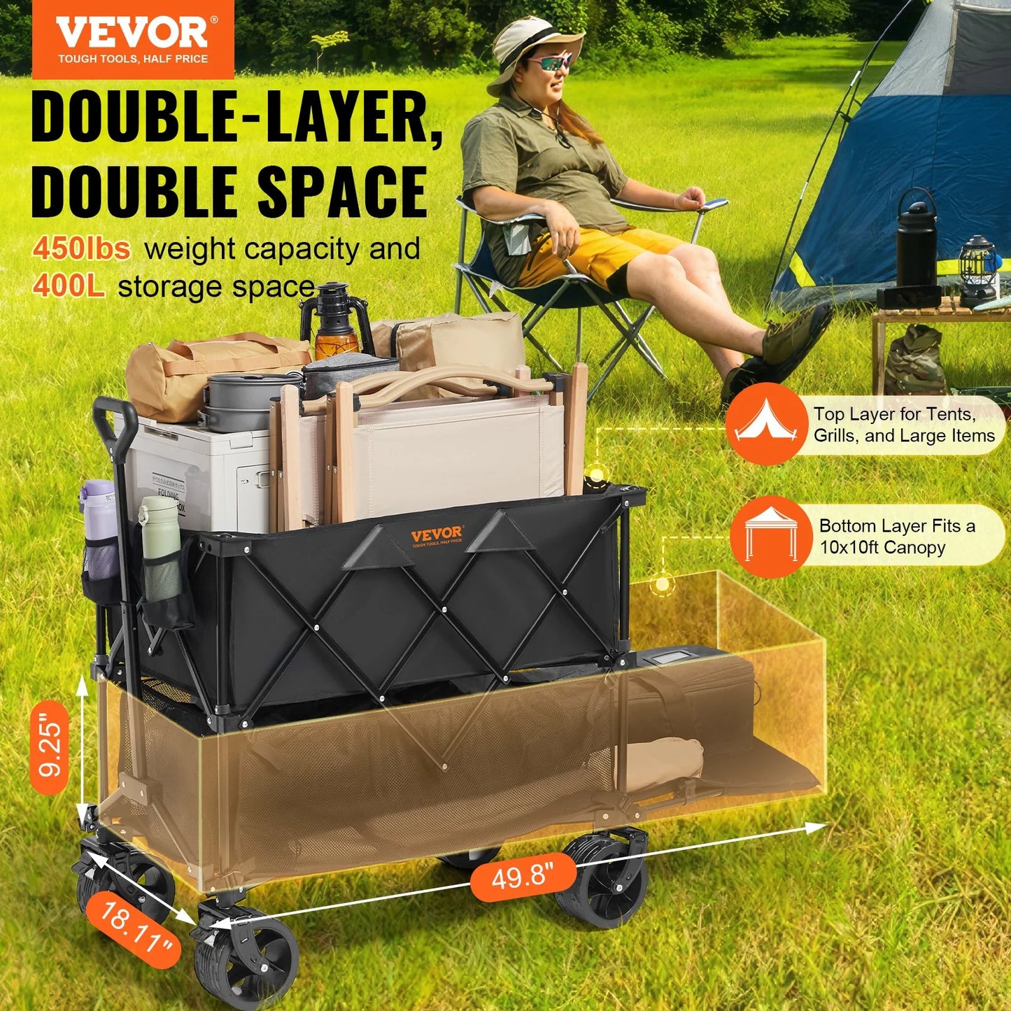 VEVOR Foldable Double Decker Wagon, 400L Collapsible Wagon Cart with All-Terrain Wheels, Heavy Duty Folding Wagon Cart 450 Lbs Weight Capacity for Camping, Shopping, Garden, 52 Extra Long Extender