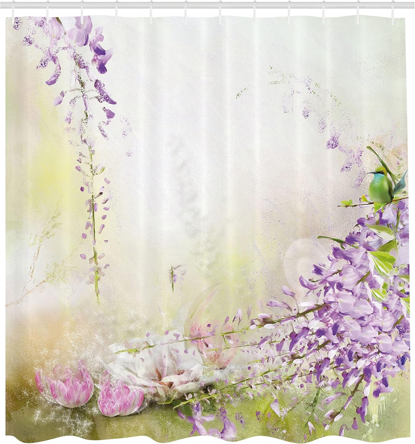Lavender Shower Curtain, Painting Style Floral Composition Spring Inspired Garden Plants, Cloth Fabric Bathroom Decor Set with Hooks, 69" W X 75" L, Lavender Green Cream
