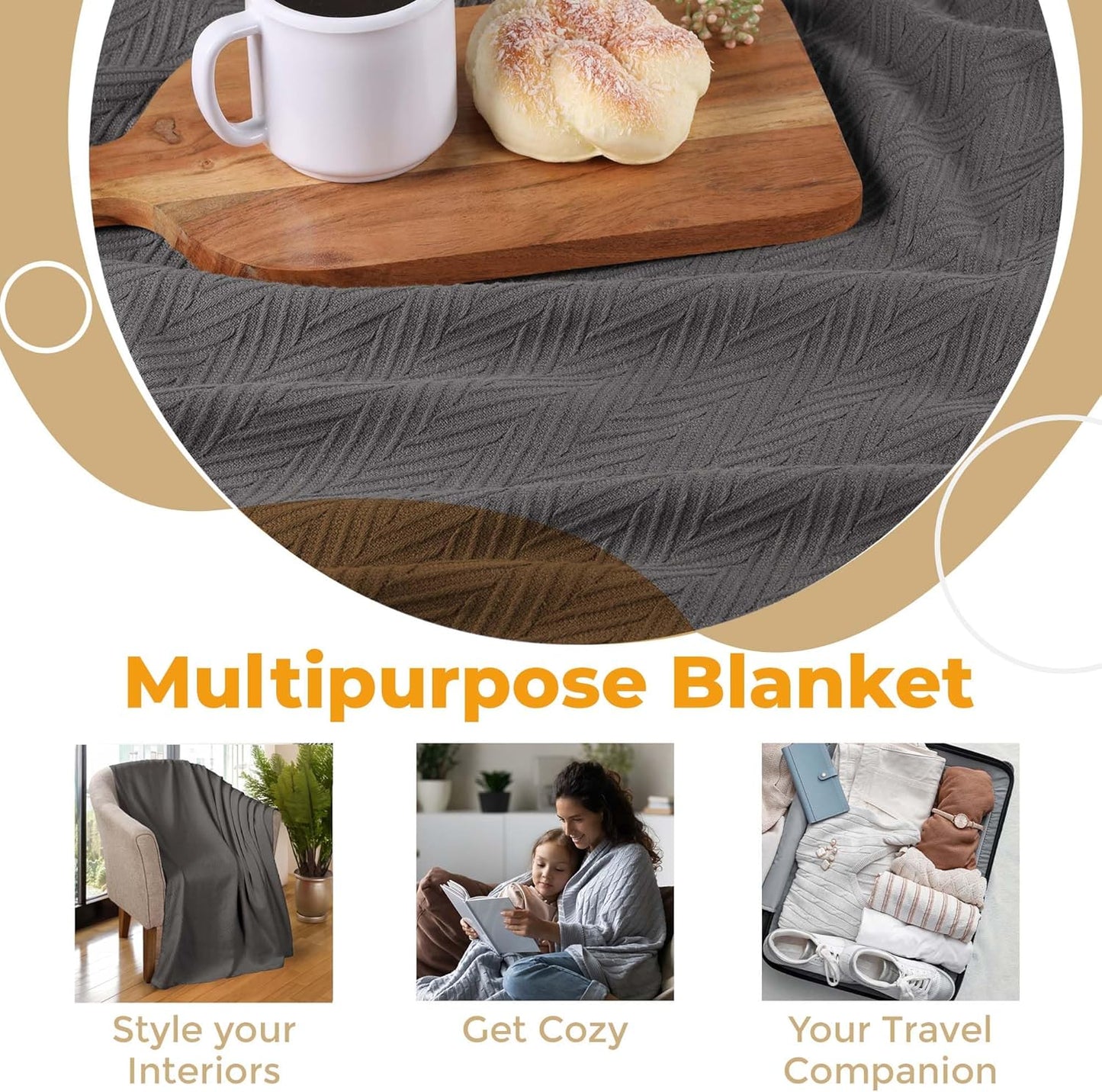 Metro All-Season Cotton Blanket, Woven Blanket for Couch, Bed, Bedding, Farmhouse, Home Essentials, Cute and Cozy Bohemian Blankets, Herringbone Weave, Full/Queen, Charcoal