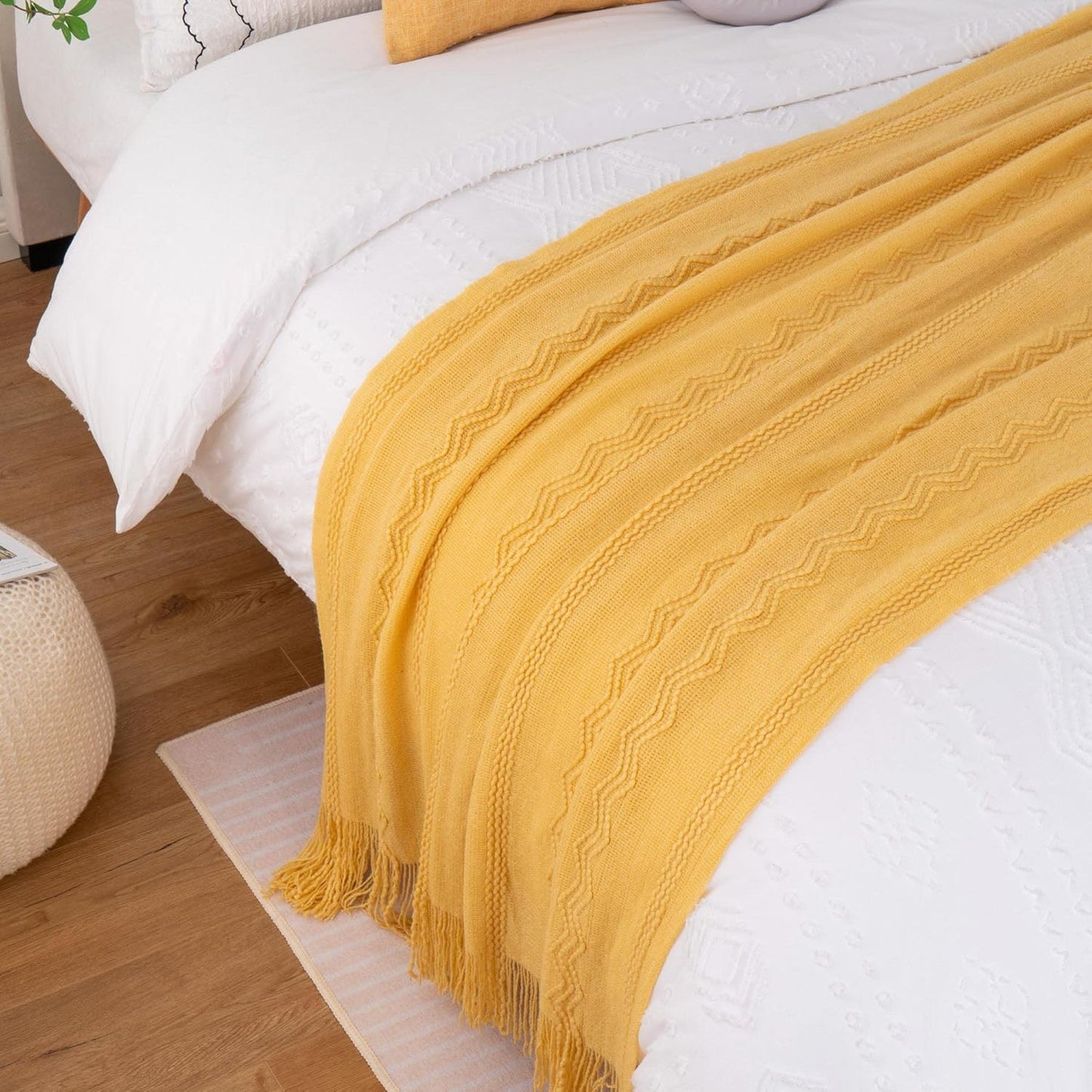 Mustard Throw Blanket with Fringe Geometric Bed Yellow Throws Summer Breathable Decorative Large Throw for Couch Sofa Indoor Outdoor (Yellow, 50"X60")