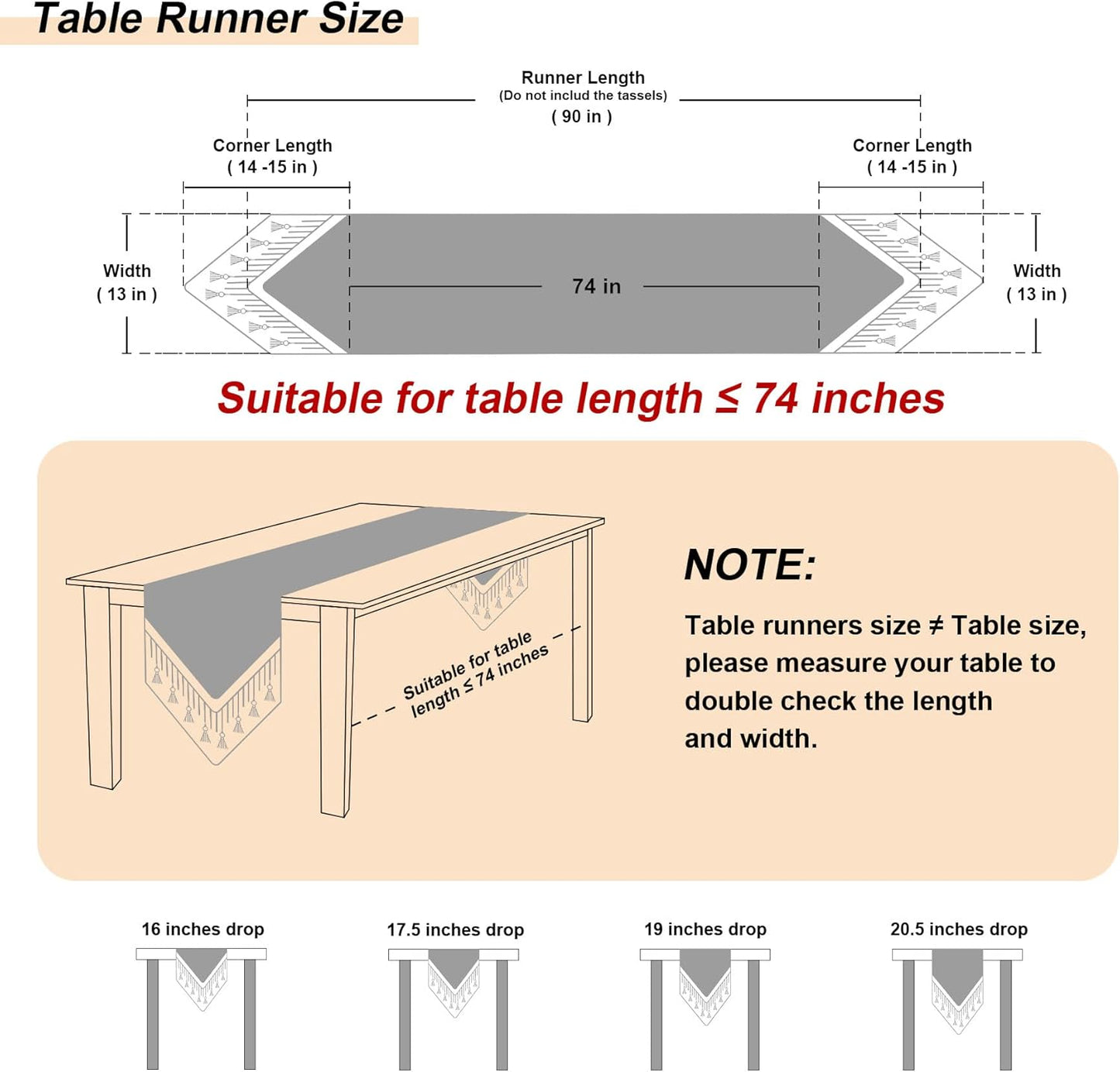 Luxury Table Runner 90 Inches Long, Elegant Damask Jacquard Table Runners with Handmade Multi-Tassels for Dining Room Dresser Party Holiday Banquet Decoration(Beige, 13X90 Inch)