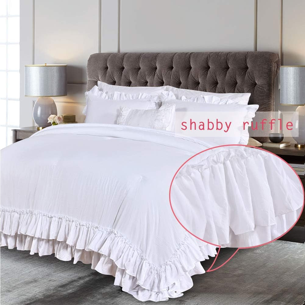 White Ruffled Shabby Comforter Set King,Boho Chic Farmhouse Bedding down Comforter Fluffy Cozy,Ultra Soft Washed Microfiber Inner Fill Bedding All Season 3 Piece Set with Ruffle Pillow Shams