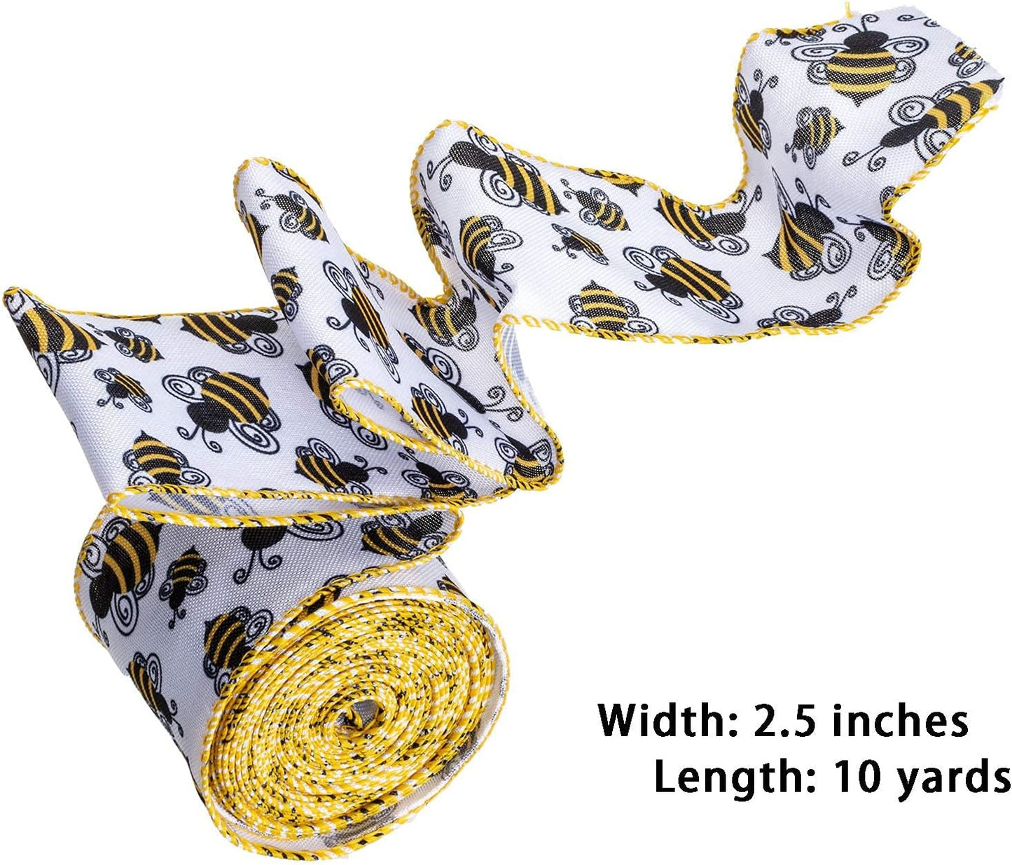 Bumble Bee Wired Edge Ribbon, Honeybee Print Ribbon for Wreaths, Gift Wrapping and Party Decoration, 10 Yards by 2.5 Inches