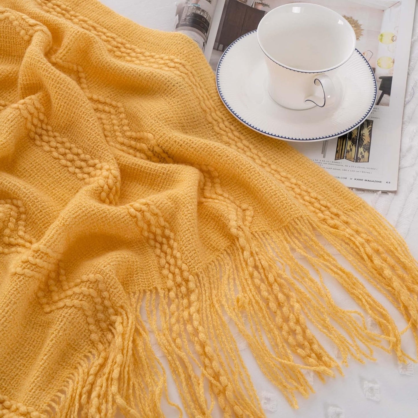 Mustard Throw Blanket with Fringe Geometric Bed Yellow Throws Summer Breathable Decorative Large Throw for Couch Sofa Indoor Outdoor (Yellow, 50"X60")