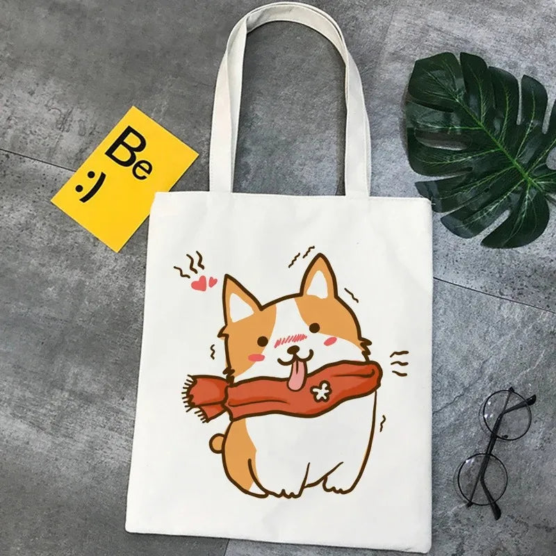 Corgi Dog Cartoon Funny Shopping Bag Graphic Tote Handbag Harajuku Shopper Bag for Women Eco Large-Capacity Female Shoulder Bag