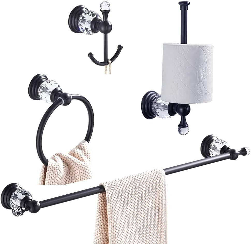 Crystal Bathroom Hardware, Matte Black Bathroom Accessories Set Towel Bar Toilet Paper Holder Towel Ring Coat Hooks 4 Pieces