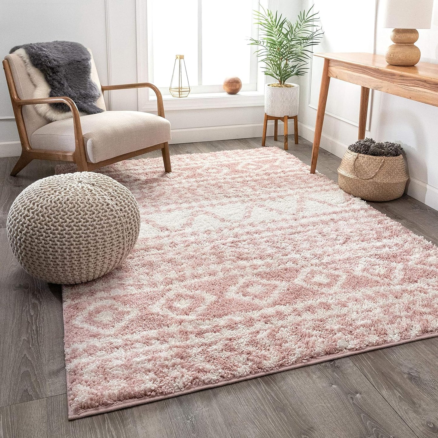 Madison Shag Cossima Tribal Diamond Stripes Shag Blush Pink 2'3" X 7'3" Runner Rug