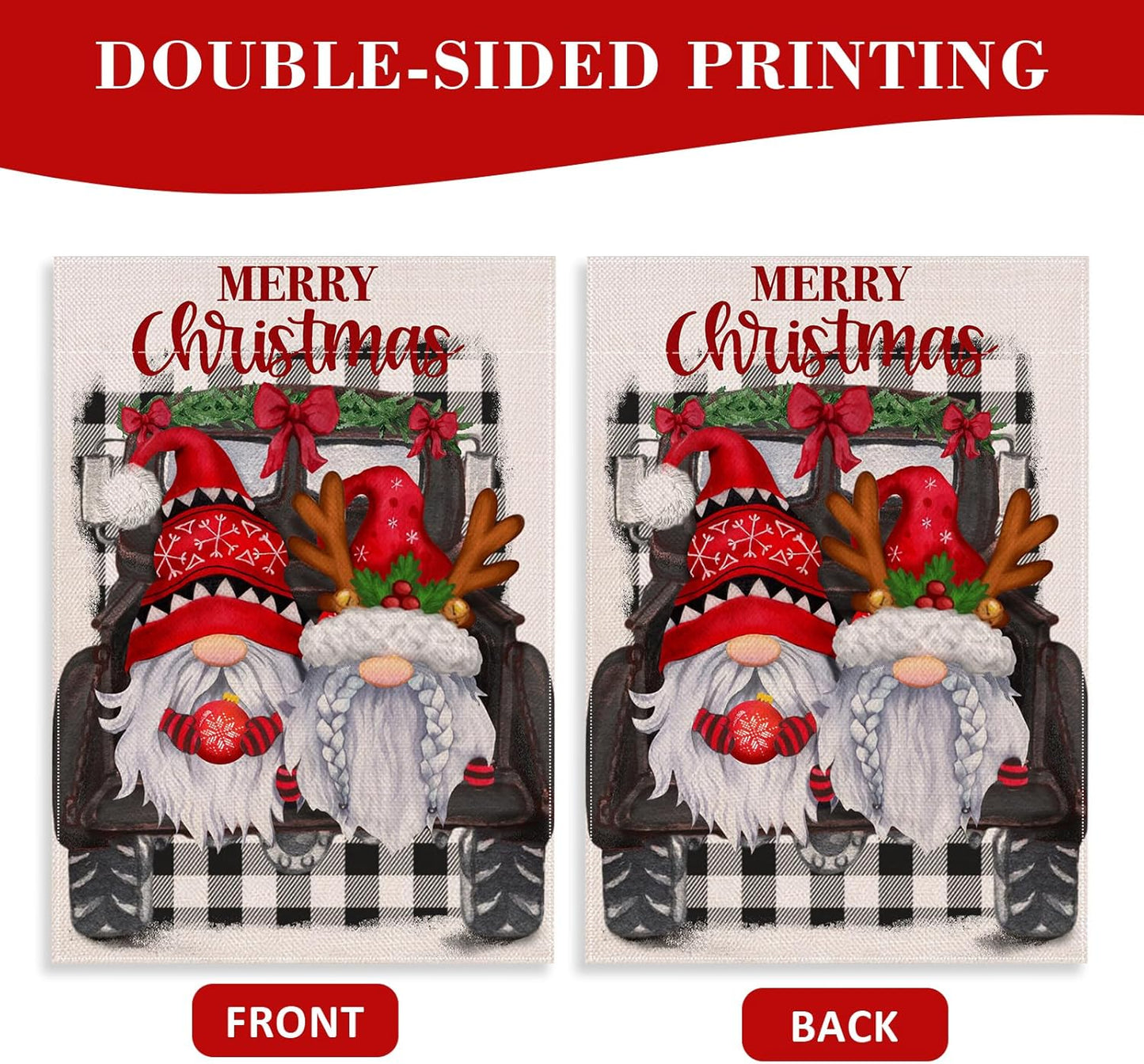 Home Decorative Merry Christmas Santa Gnome Garden Flag, House Yard Xmas Truck Antlers Black Buffalo Plaid Check outside Decoration, Winter Farmhouse Outdoor Small Flag Decor Double Sided 12X18