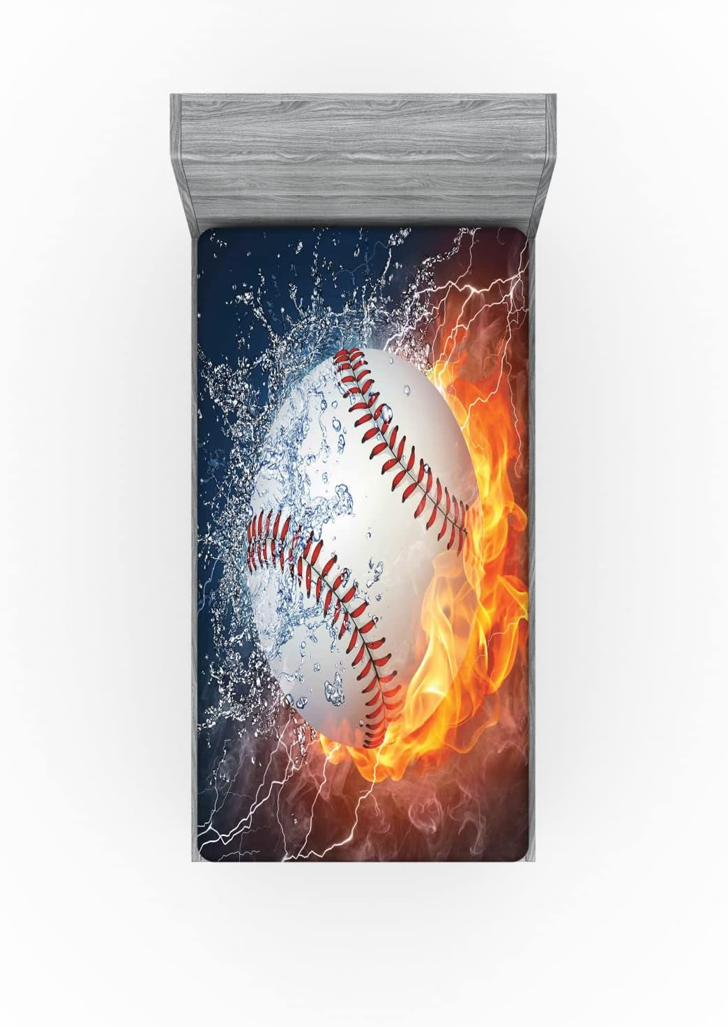Sports Fitted Sheet, Baseball Ball and Water Splashing Thunder Creative Art Themed Print, Bed Cover with All-Round Elastic Deep Pocket for Comfort, Twin Size, Dark Blue and Burgundy