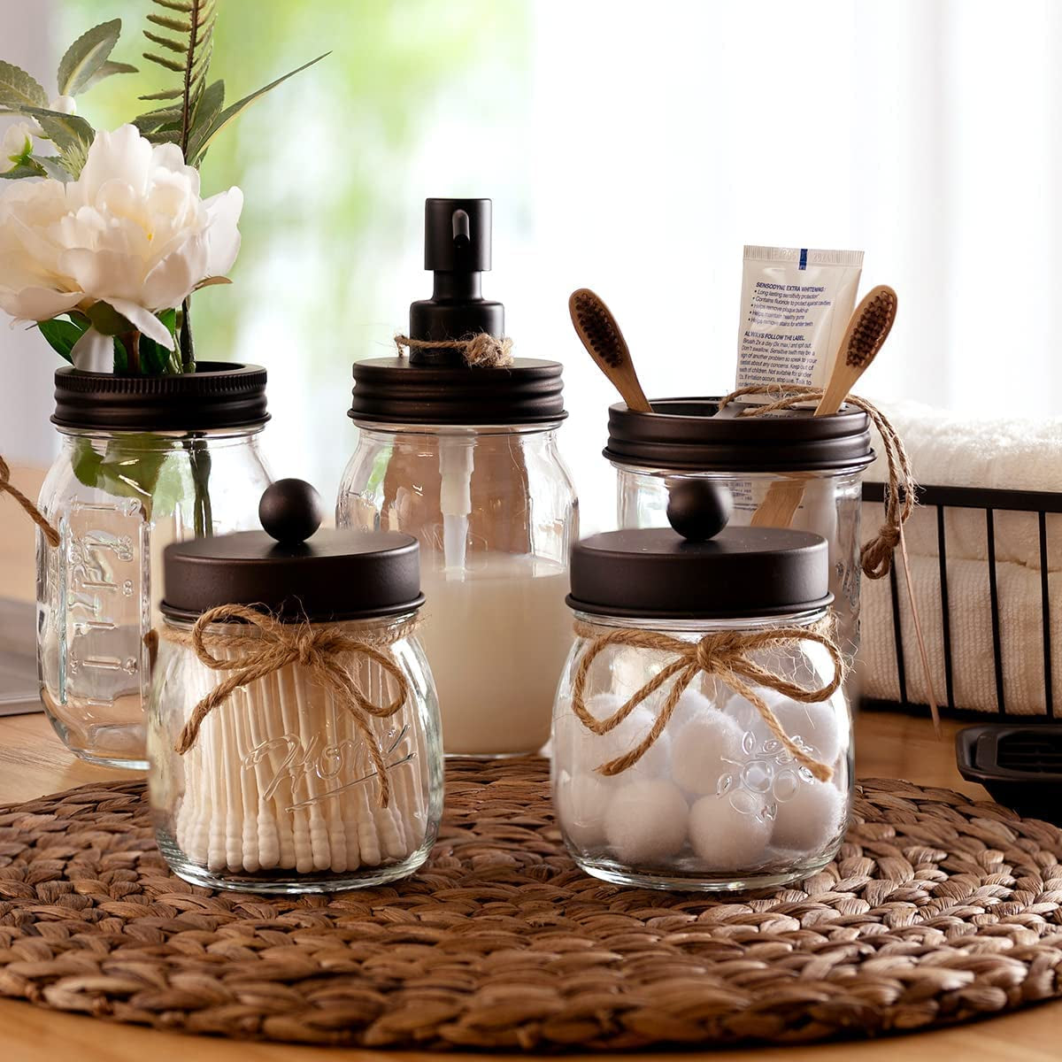 Mason Jar Bathroom Accessories Set(4 Pcs) -Lotion Soap Dispenser & 2 Cotton Swab Holder &Toothbrush Holder-Rustic Farmhouse Decor,Countertop Vanity Organize,Bathroom Home Decor (Bronze)