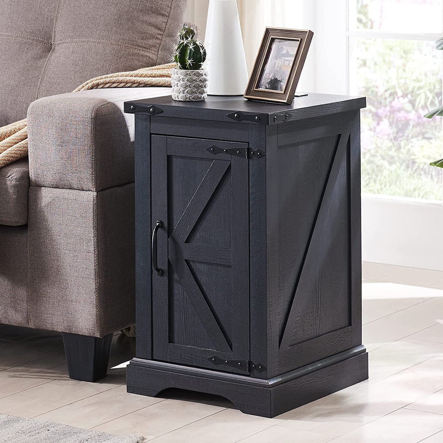 Farmhouse Nightstand with Charging Station, Wood End Table Side Table, Black