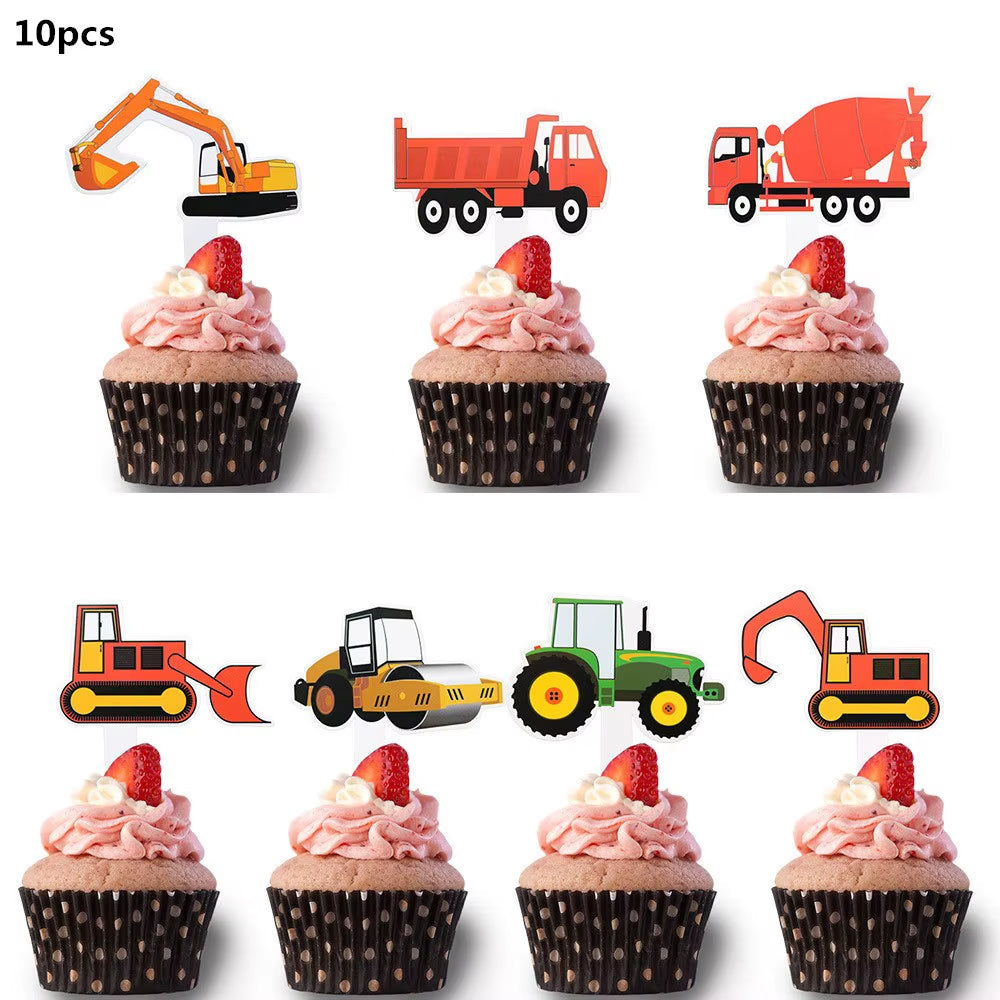 Farm Theme Green Tractor Inflatable Balloons Cake Topper Happy Birthday Party Decoration Kids Birthday Excavator Vehicle Banner