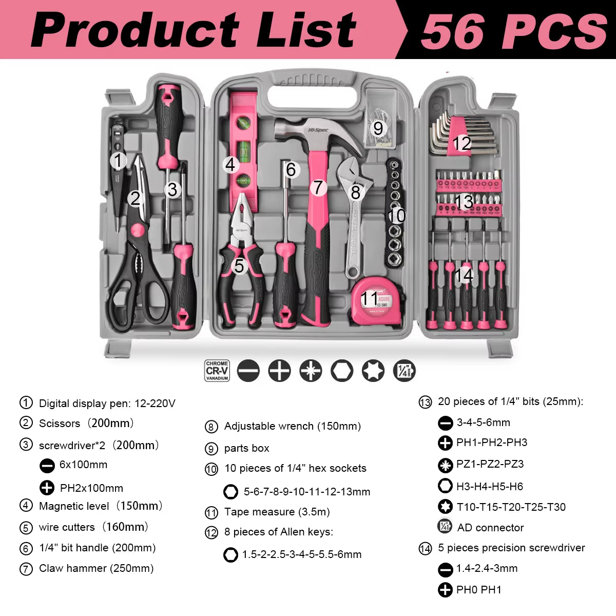 67/71/56/35Pcs Automotive Maintenance Tools -Household Repair Tool Kit Multi-Purpose Pink Hand Tool Set with Storage Box