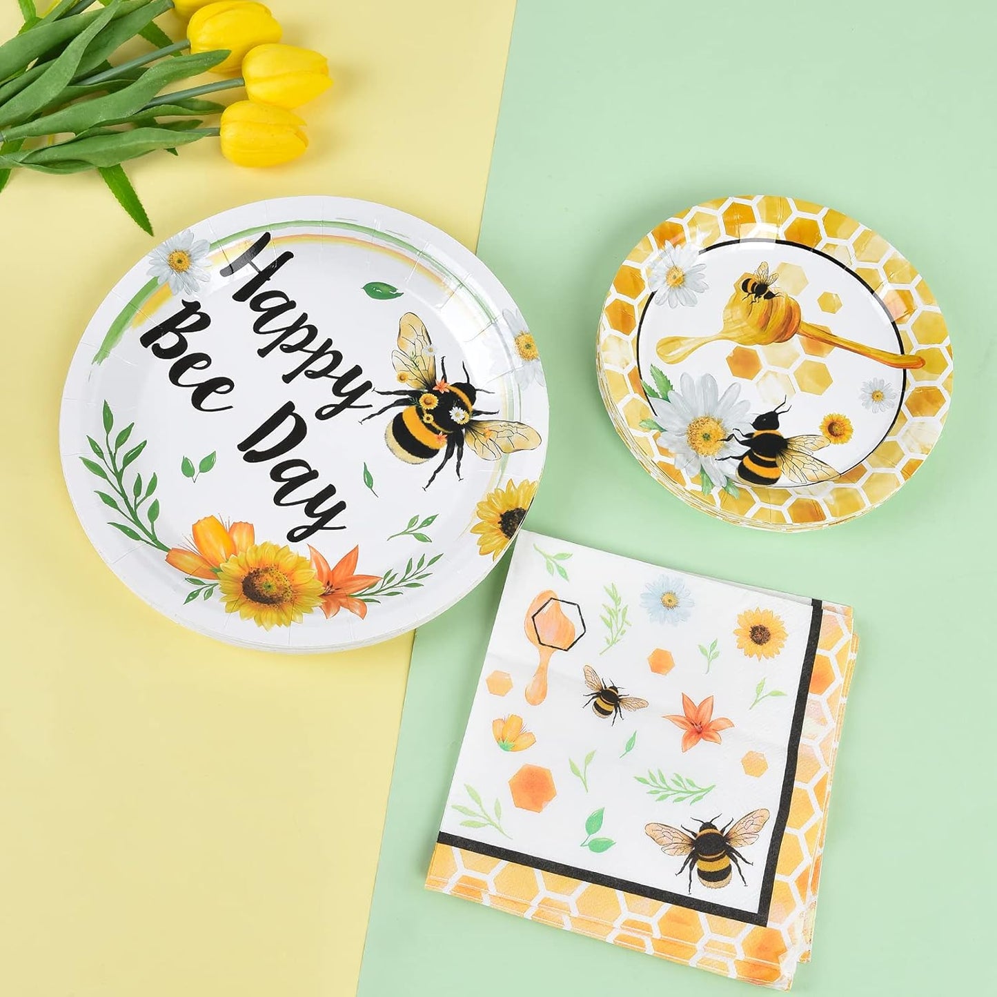 Bee Party Plates and Napkins - 48 PCS Happy Bee Day Party Supplies for Kids Honey Bee Party Tableware Set Dinner Dessert Cake Plates Lunch Napkins Serves 16 Guests