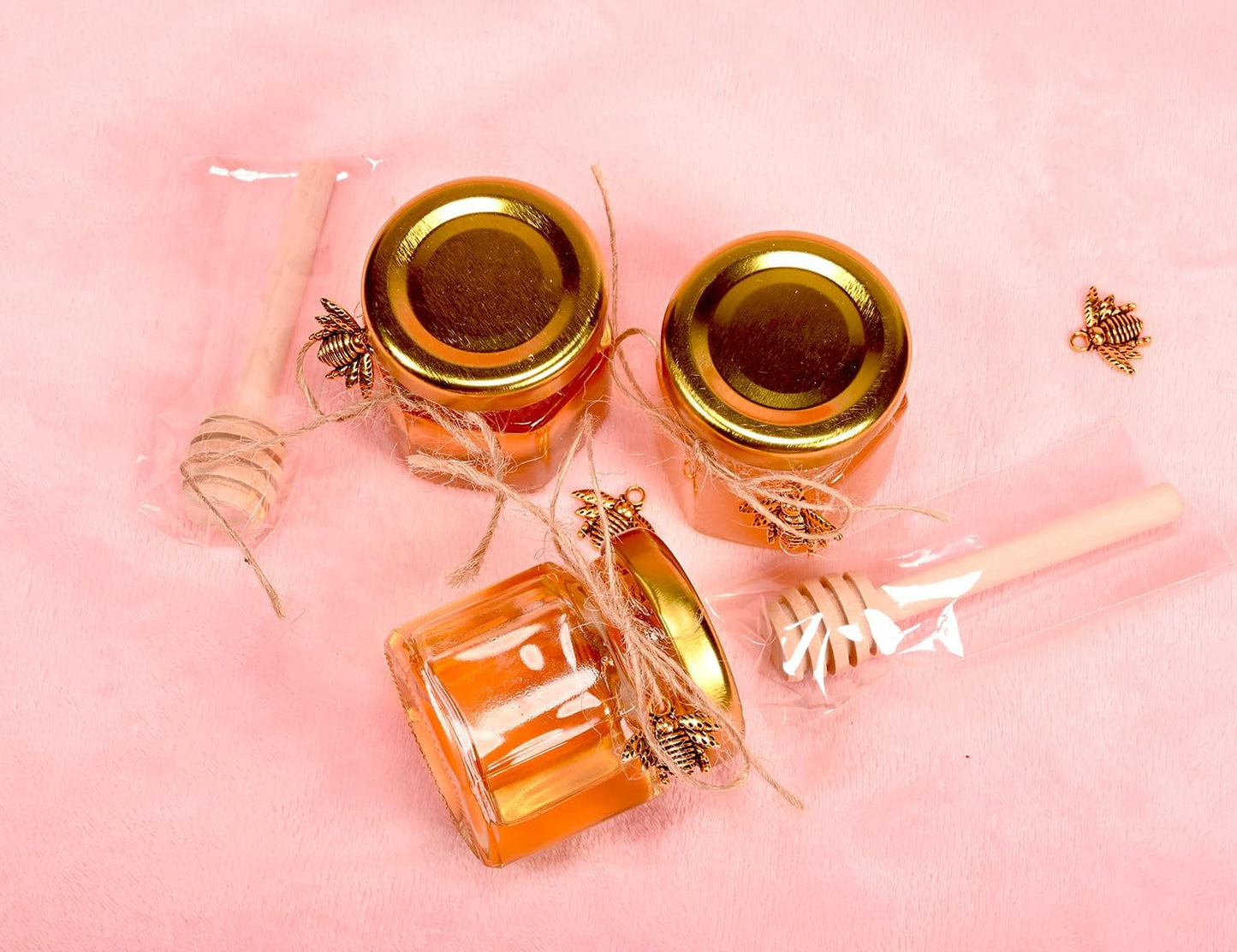 20 Pack Mini Honey Jars with Dipper - Mini Honey Jars for Baby Showers & Wedding Gifts - Gold Lids, Bee Pendants, Jutes and Gift Bags