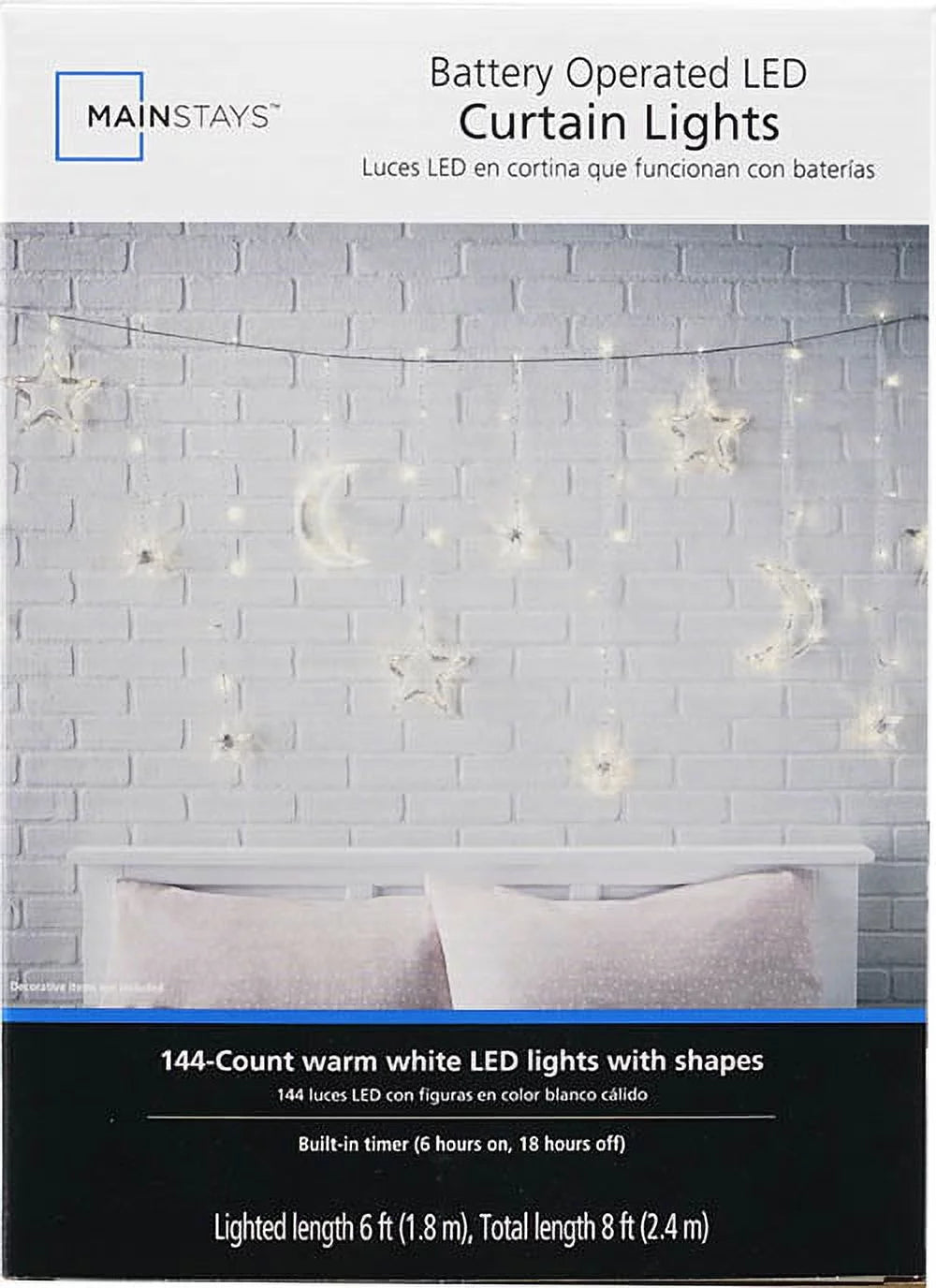 144-Count Indoor Battery Operated Warm White LED Curtain Lights with Stars and Moons