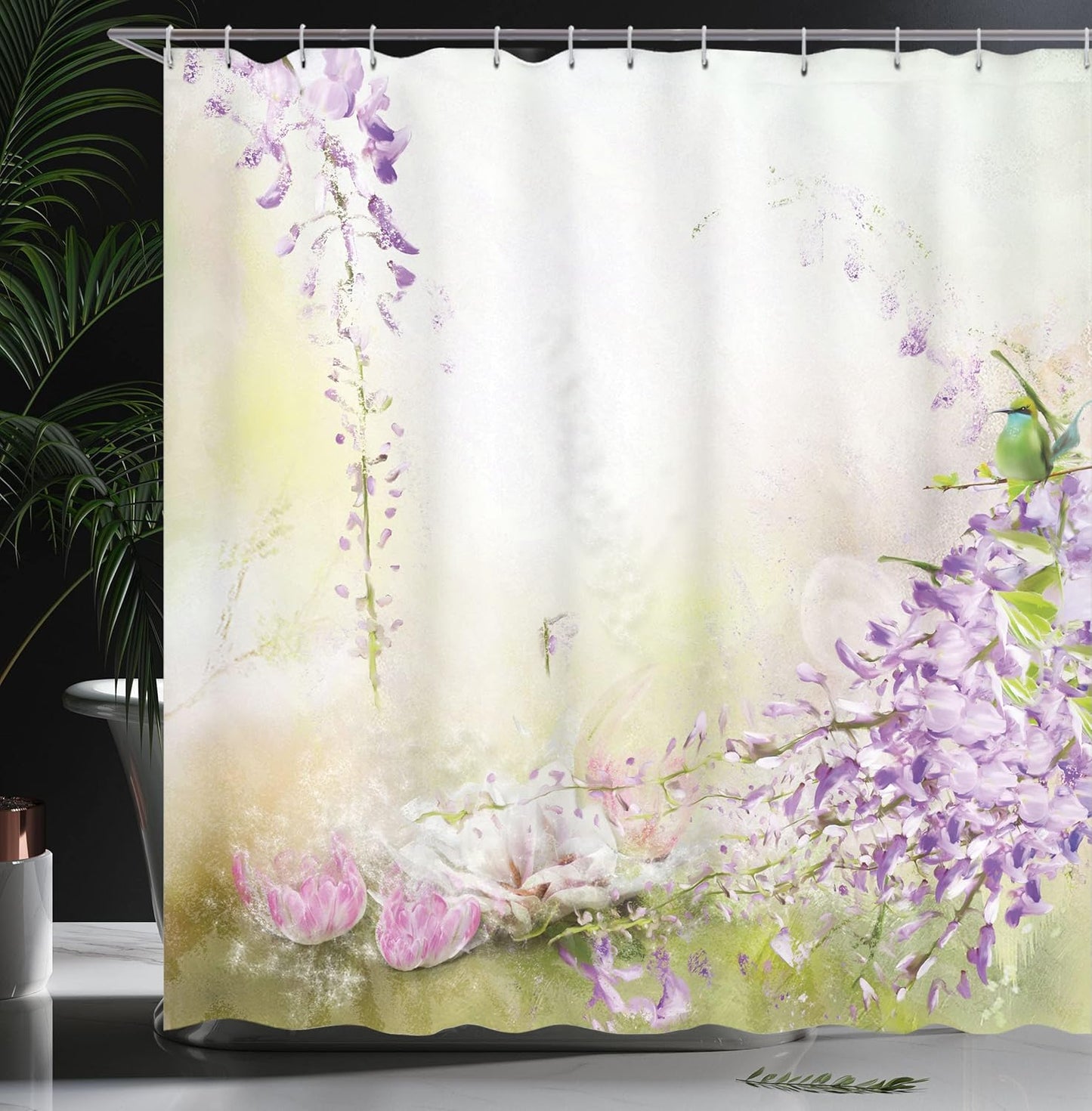 Lavender Shower Curtain, Painting Style Floral Composition Spring Inspired Garden Plants, Cloth Fabric Bathroom Decor Set with Hooks, 69" W X 75" L, Lavender Green Cream