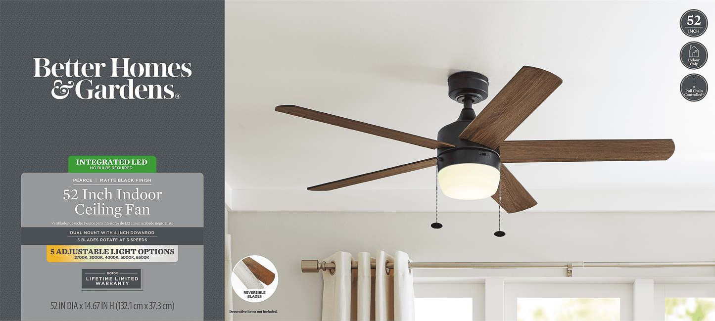 52" Pearce Modern Black Indoor Ceiling Fan with Light, Adjustable Color Temperature & Reverse Airflow
