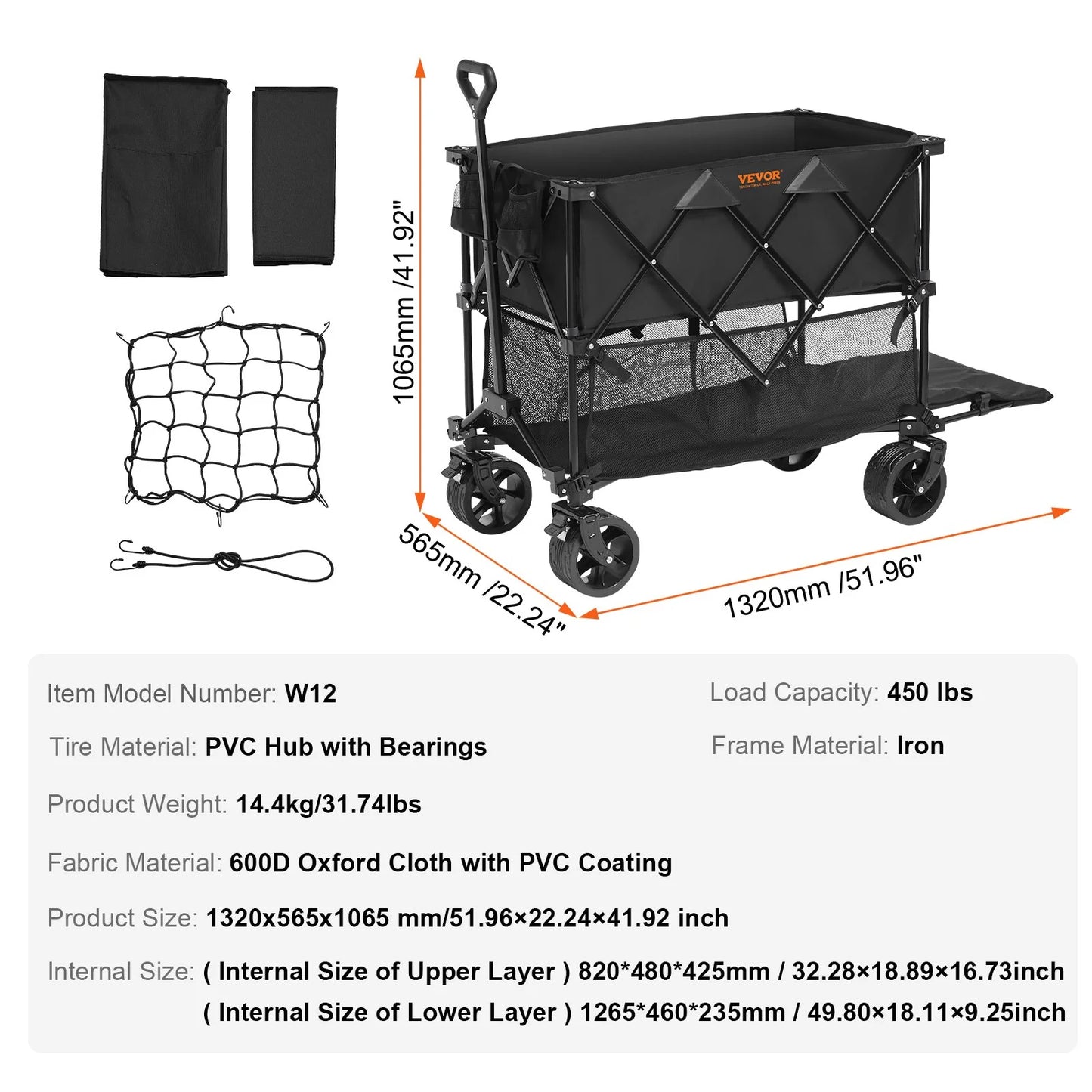 VEVOR Foldable Double Decker Wagon, 400L Collapsible Wagon Cart with All-Terrain Wheels, Heavy Duty Folding Wagon Cart 450 Lbs Weight Capacity for Camping, Shopping, Garden, 52 Extra Long Extender