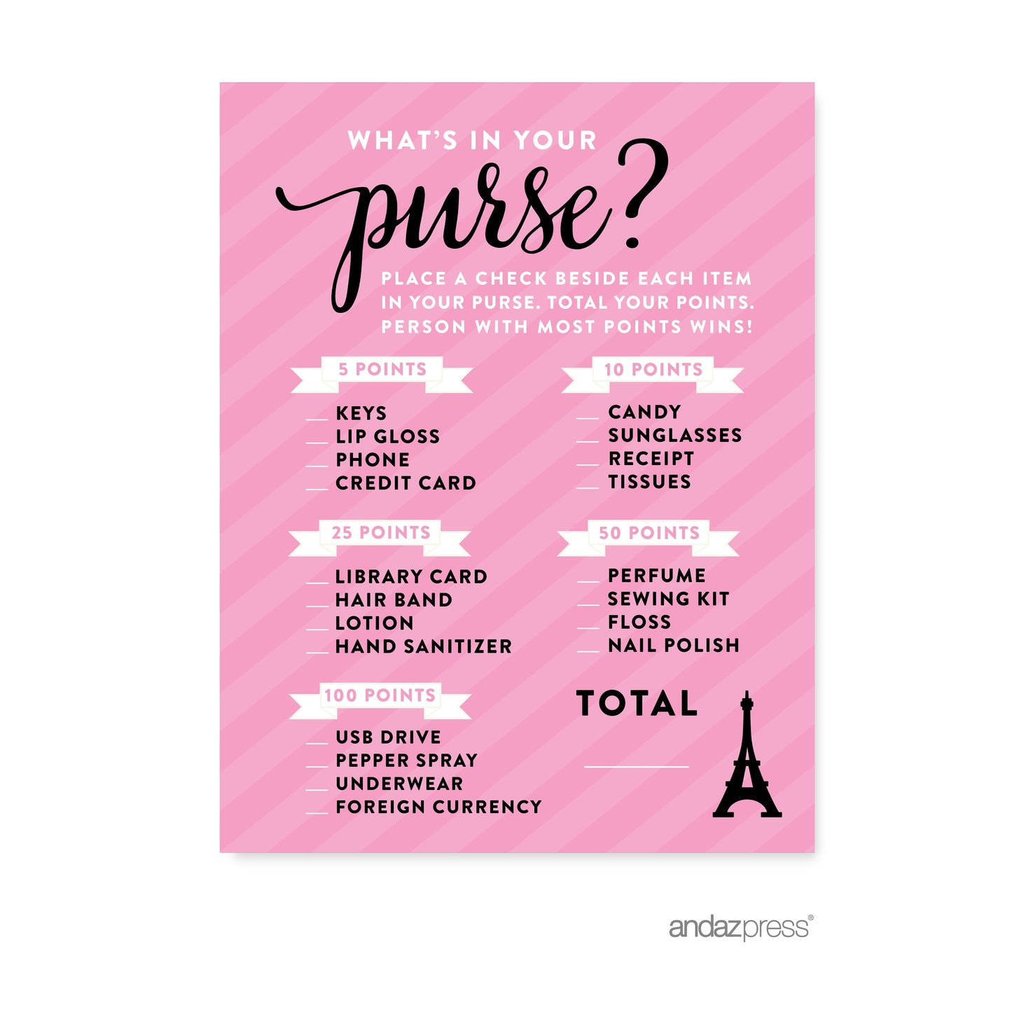 What'S in Your Purse? Paris Bonjour Bebe Girl Baby Shower Game, 20-Pack