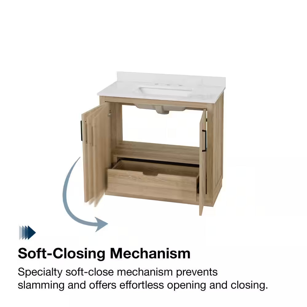 Huckleberry 36 In. Single Sink Weathered Tan Bath Vanity with White Engineered Marble Top (Assembled)
