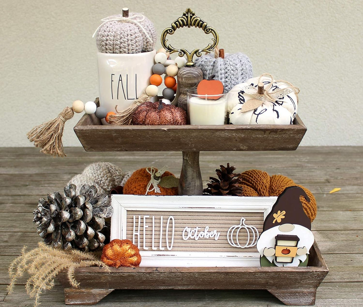 Rustic Wood Two Tiered Tray Rectangle 2 Tier Serving Tray for Coffee Bar, Kitchen Counter, Dining Room Table, Cupcake Stand, Holiday and Farmhouse Decor (Rustic Brown)