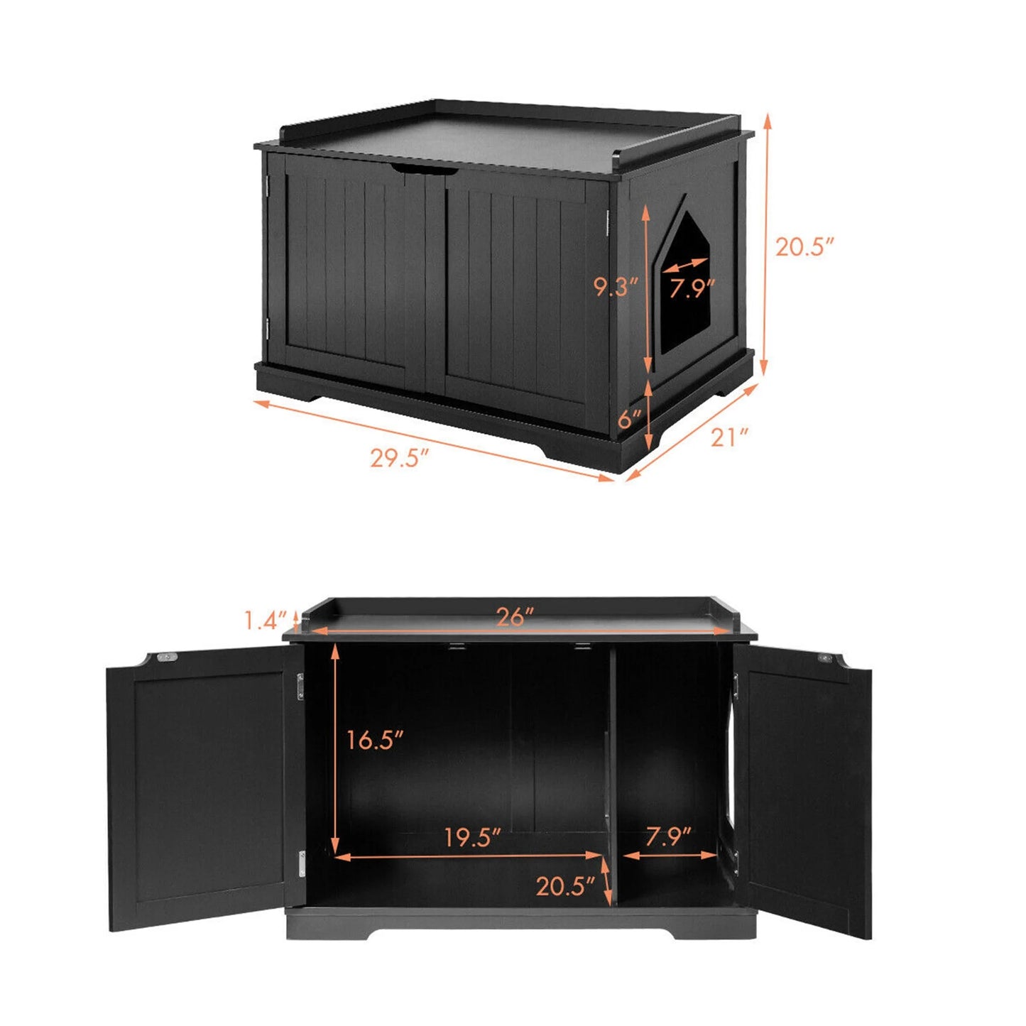 Cat Litter Box Side Table Washroom Storage Bench Wooden Enclosure Pet House Black