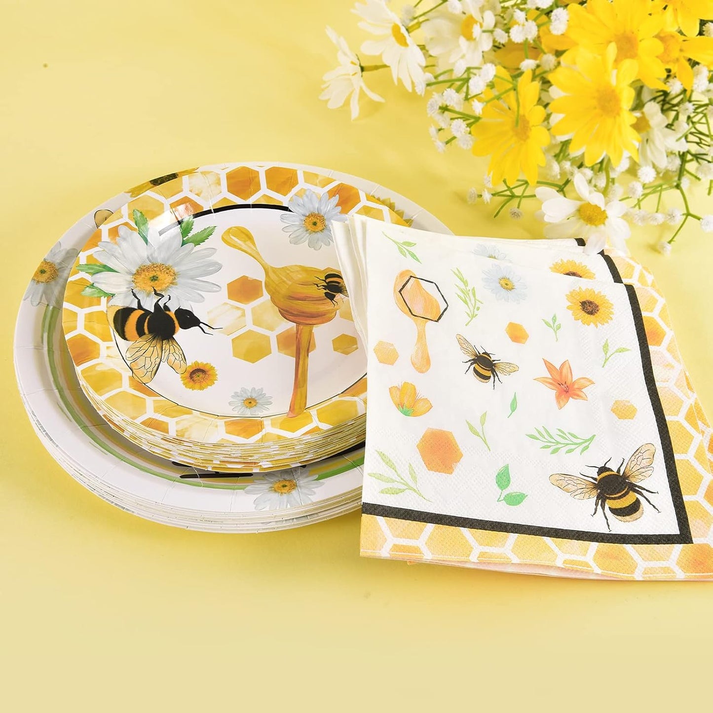 Bee Party Plates and Napkins - 48 PCS Happy Bee Day Party Supplies for Kids Honey Bee Party Tableware Set Dinner Dessert Cake Plates Lunch Napkins Serves 16 Guests