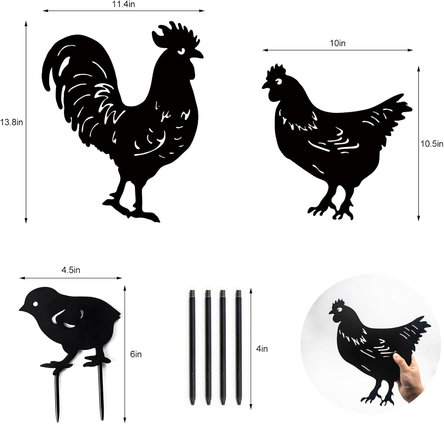 Metal Chicken Yard Decor 3 Pcs Rooster Garden Stakes,Chicken Gifts for Women/Men,Hen/Chicks Silhouette Statues for Yard Art,Backyard,Patio,Lawn Ornaments,Outdoor Decor