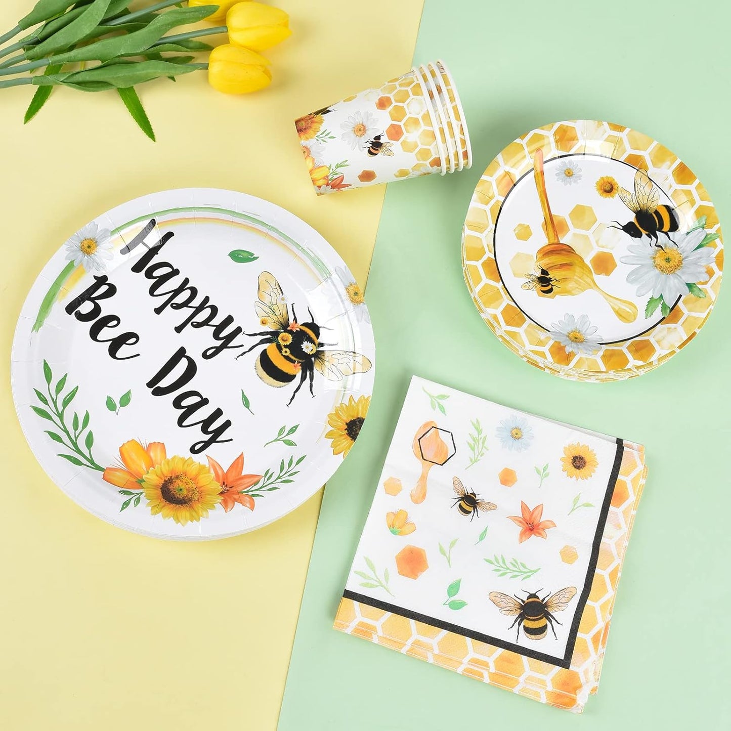 Bee Party Tableware Set - Bee Party Supplies Set for Kids Girls Honey Bee Birthday Bundle Baby Shower Happy Bee Day Paper Plates Cups Napkins Dinnerware Serves 16 Guests 64 PCS