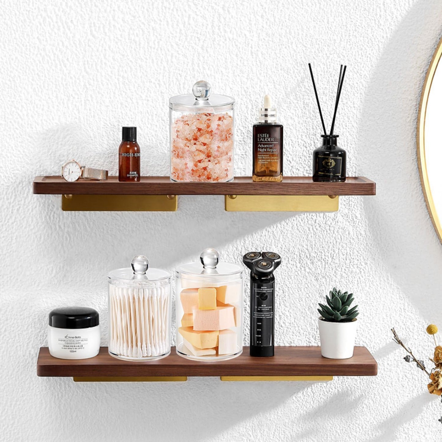 Bathroom Vanity Storage Organizer Canister Holder Apothecary Jars Set for Qtips,Cotton Balls,Swabs,Rounds,Makeup Sponges,Bath Salts,Premium Plastic Acrylic, Clear | 12Oz.And 15Oz.