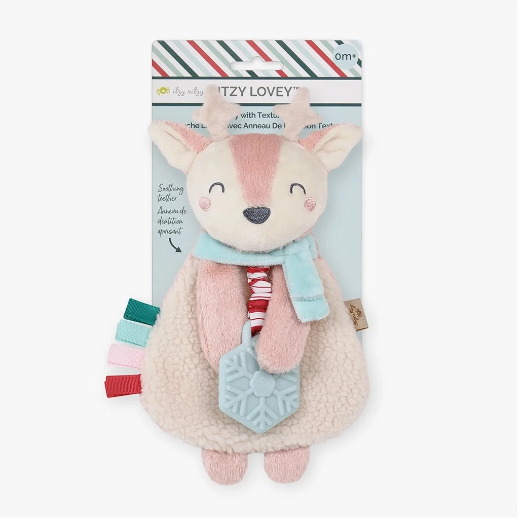 Holiday Lovey Plush + Teether Toy, Pink Reindeer