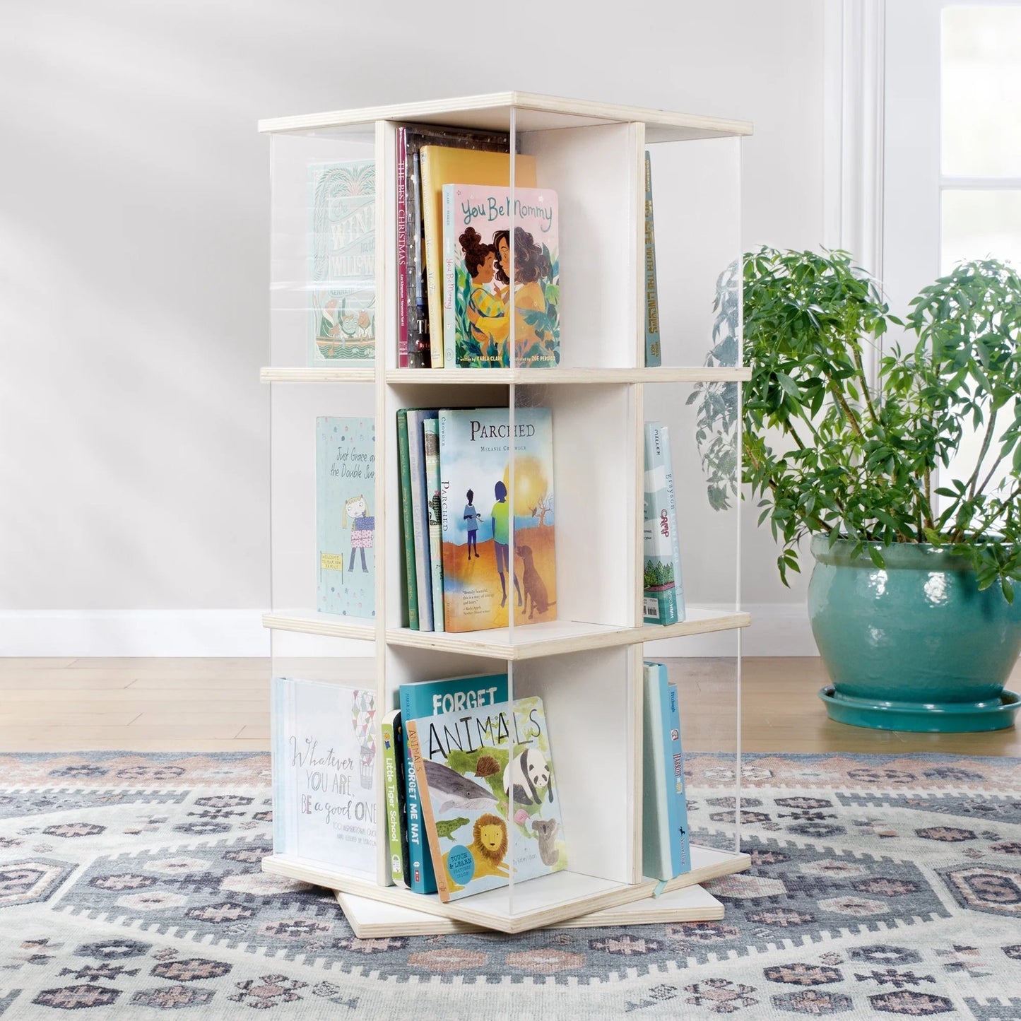 Edq Rotating 3 Tier Book Display - White: round Wooden Spinning Bookshelf Storage with Acrylic Shelves for Kids' Books