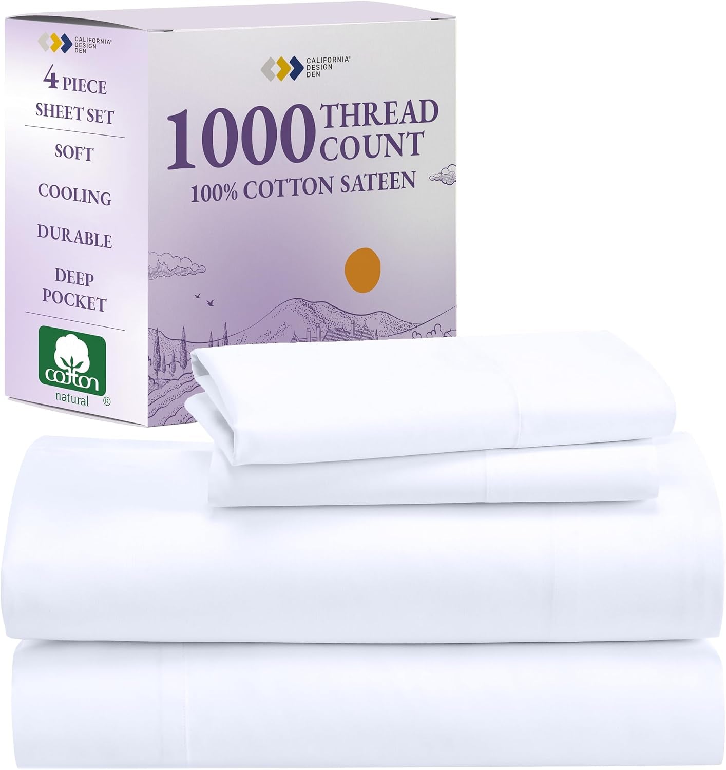 1000 Thread Count Queen Size Sheet Set, Winner Architectural Digest Best Sheet, Luxury 100% Cotton Sateen Bed Sheets, Softer than Egyptian Cotton (White)