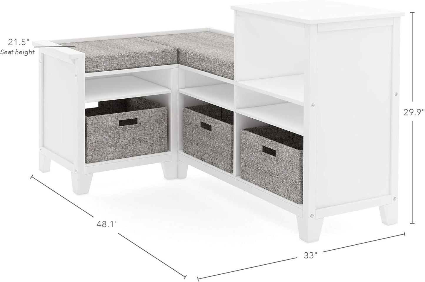 Kids' Corner Nook - Creamy White: Wooden Storage Bench Bookcase Organizer with Seat Cushion and Fabric Bins for Reading in Bedroom or Playroom