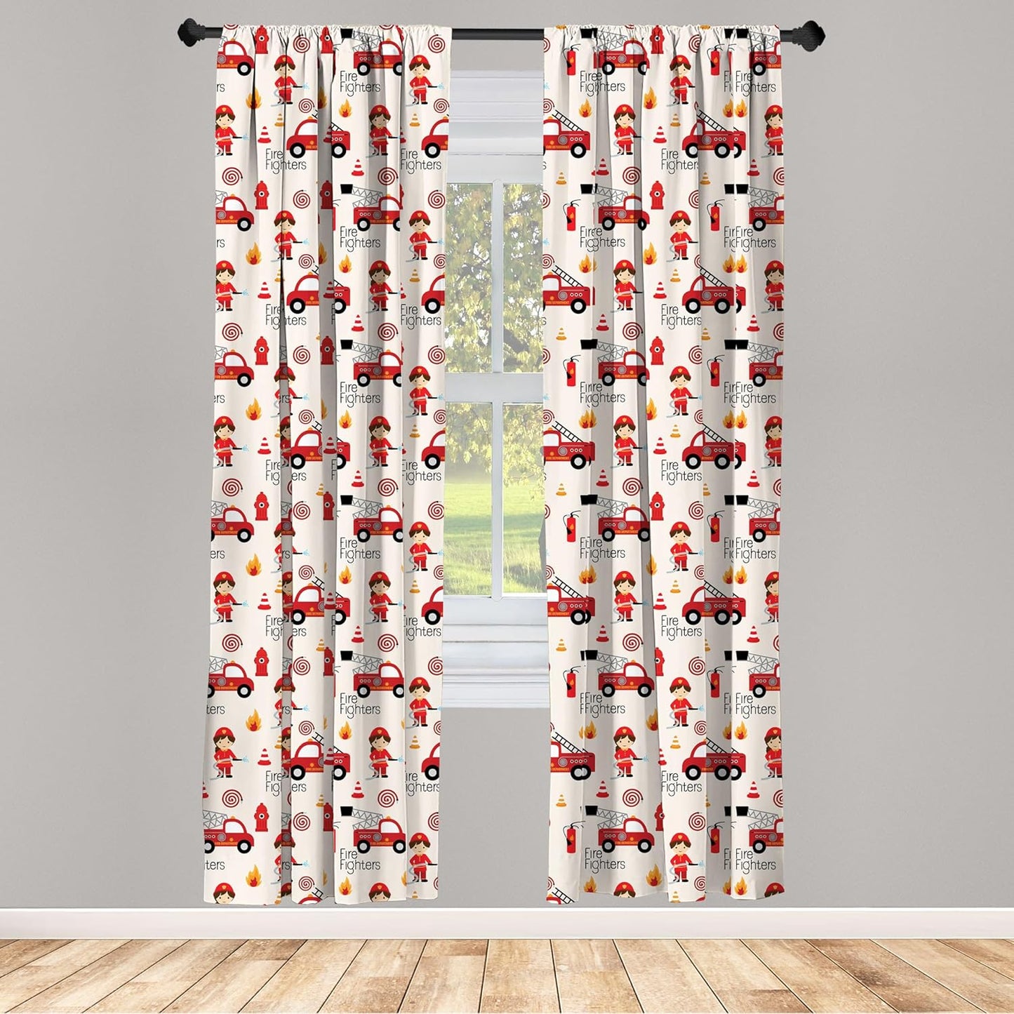 Truck Window Curtains, Little Boys and Girls in Uniforms Fighters Theme Career Profession Pattern, Lightweight Decor 2-Panel Set with Rod Pocket, Pair of - 28" X 84", Red Cream
