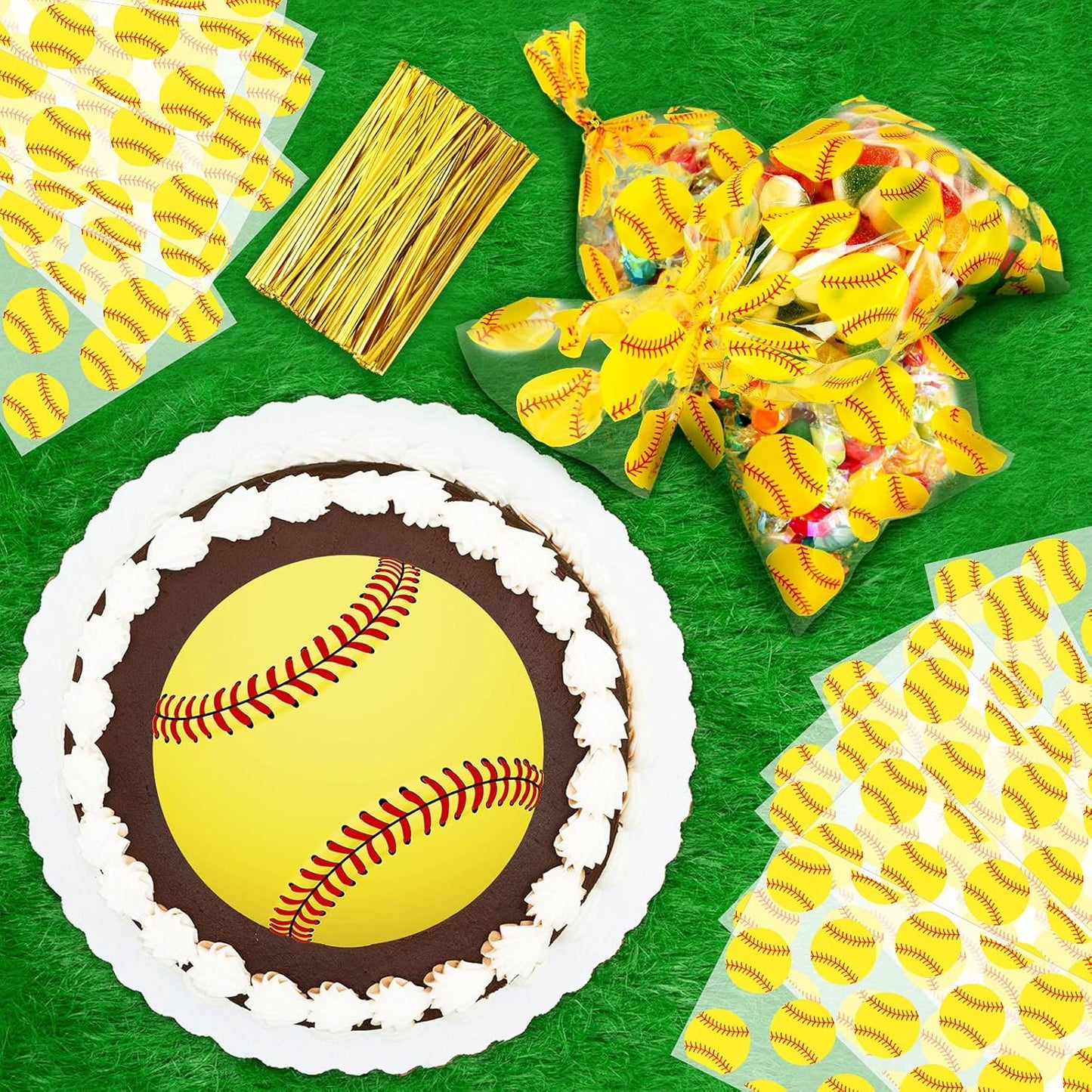 100 Pieces Softball Party Cello Bags Cellophane Softball Treat Bags with 200 Gold Twist Ties for Birthday Party Supplies Favors Cookie Candy Goody Gift Treat