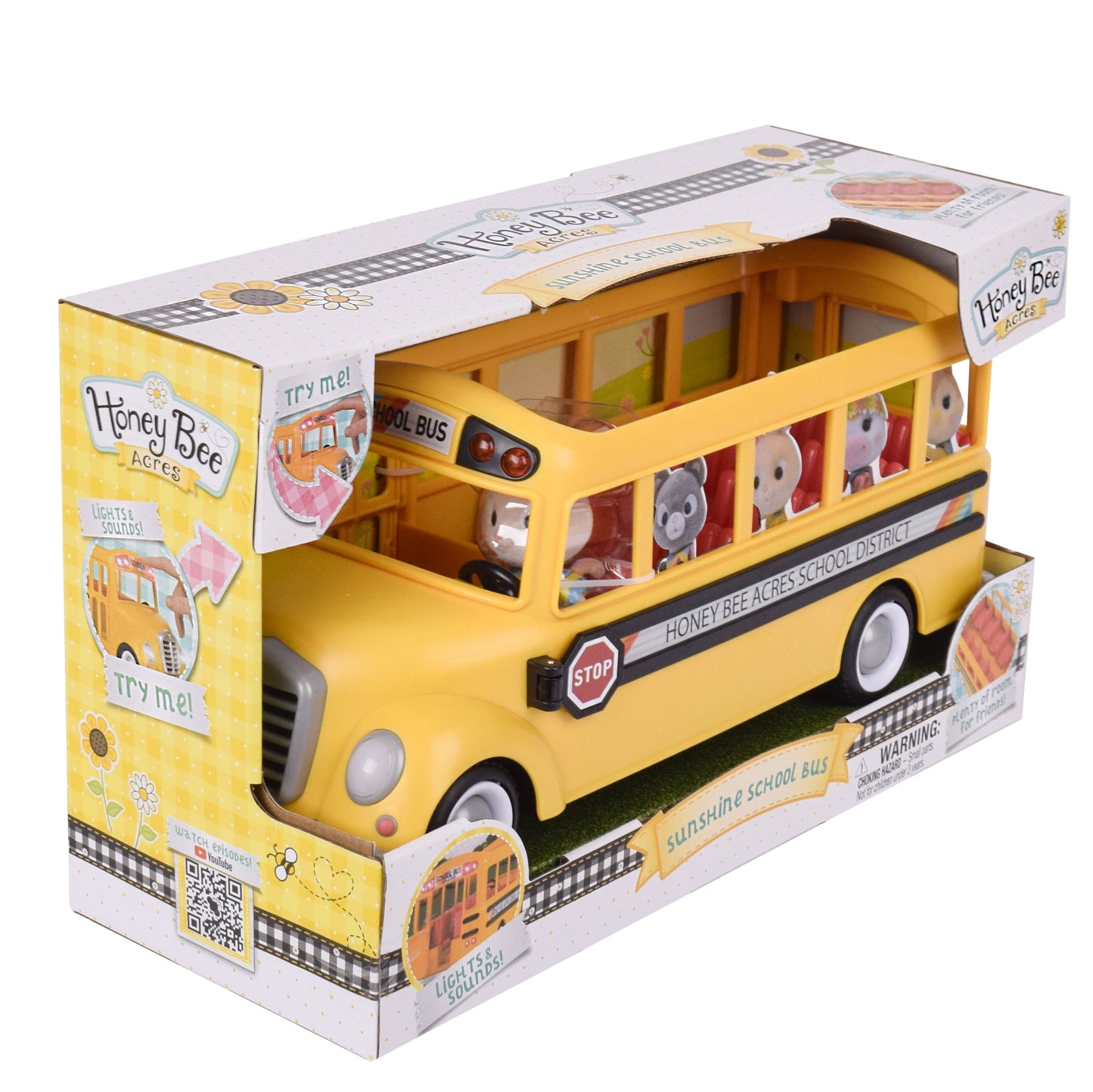 Yellow Sunshine School Bus with Lights & Sounds, Doll Included, Children Ages 3+