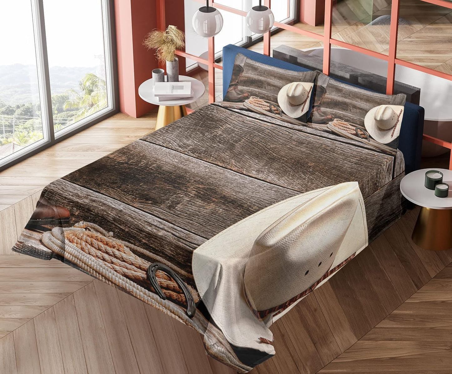 Western Sheet Set, American West Rodeo Traditional Straw Cowboy Hat Leather Boots Print, Fitted and Flat Sheet with Pillowcases Bedding Accent 4 Piece Set, Queen, Tan and Brown