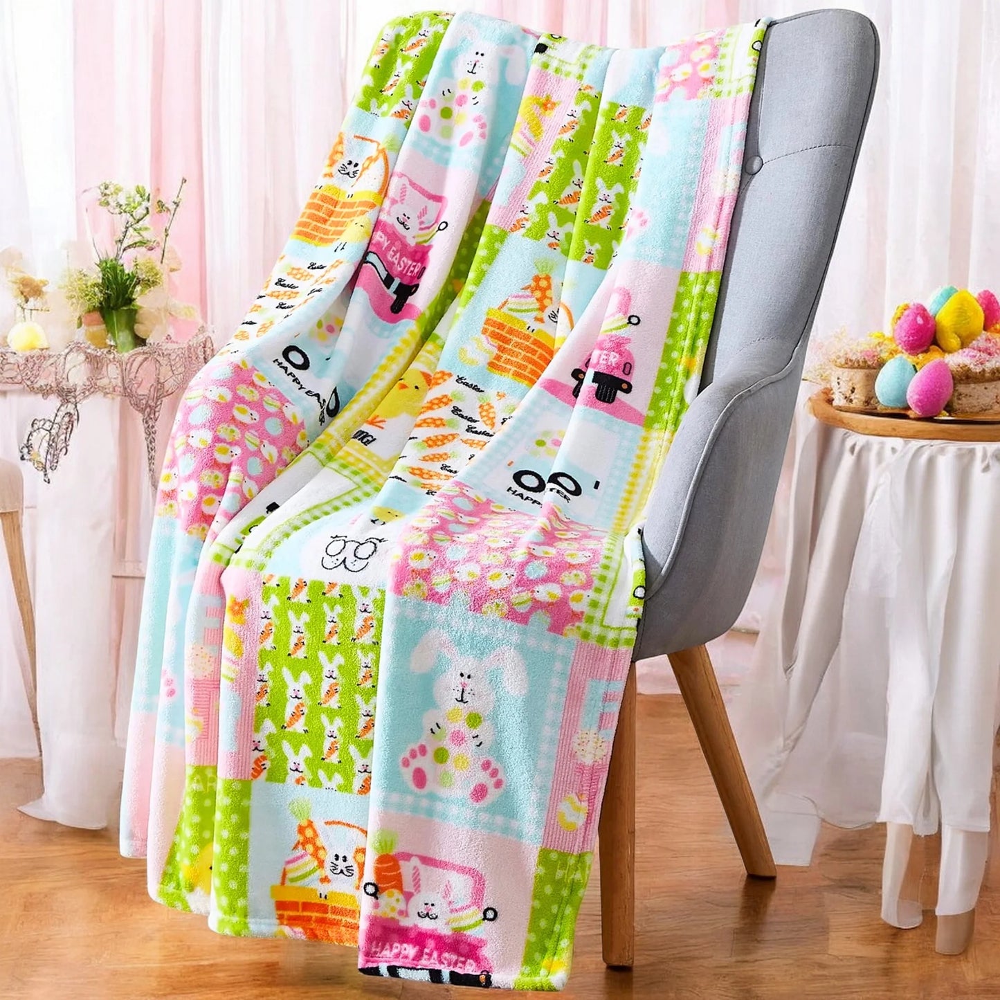 Spring Throw Blanket, Soft Cozy Velvet Fleece, Pink Blue White, 50" X 60" Inch