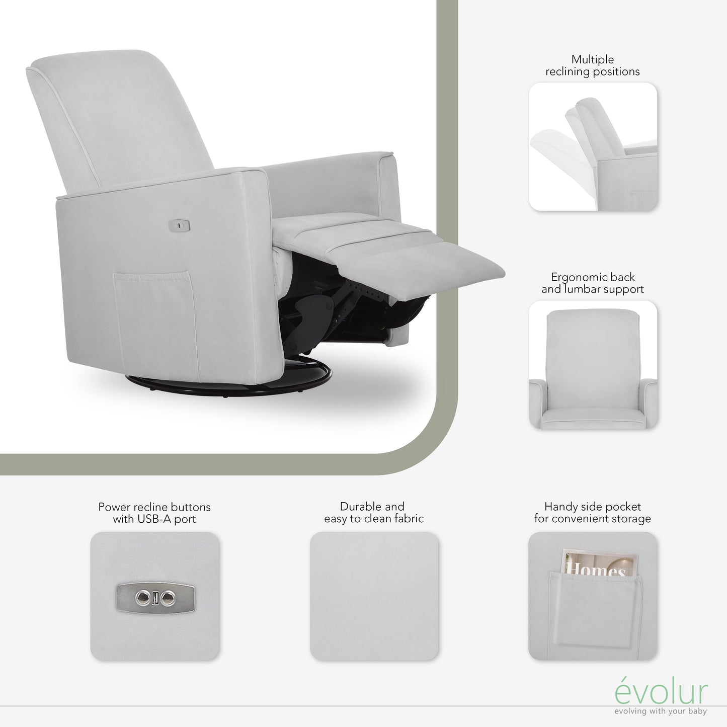 Evolur Harlow Power Recliner Glide Rocker with USB Port, Misty Grey, Greenguard Gold Certified