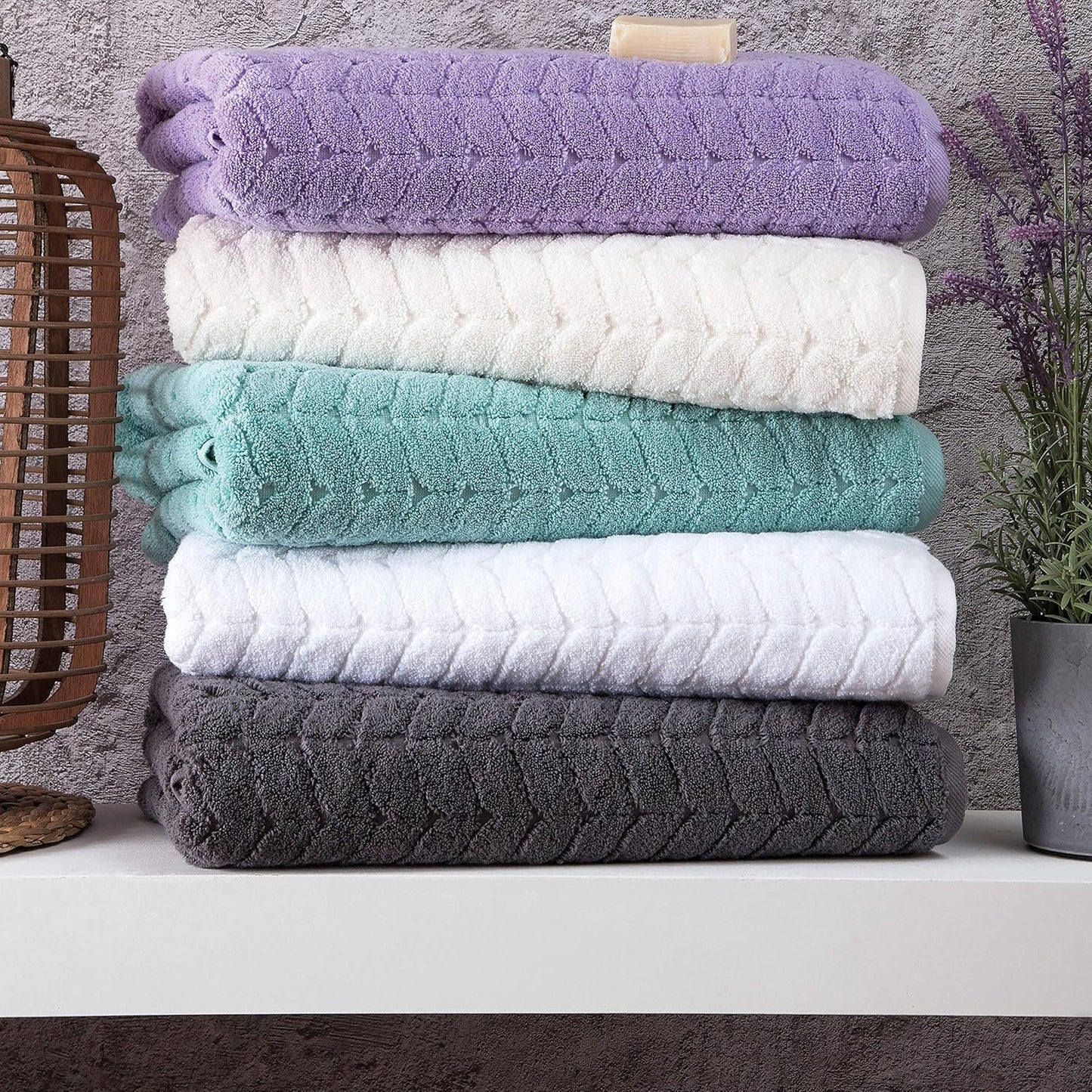 Turkish Bath Towels, Soft Plush Jacquard Luxury Bath Towels, Quick Dry Towel Set (Lavender, 6 Pcs Towel Set)