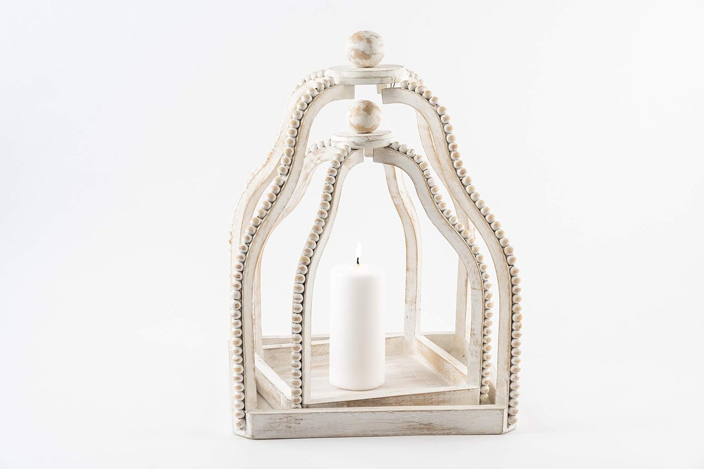 Wood Beaded Lantern Set, Distressed White WASH