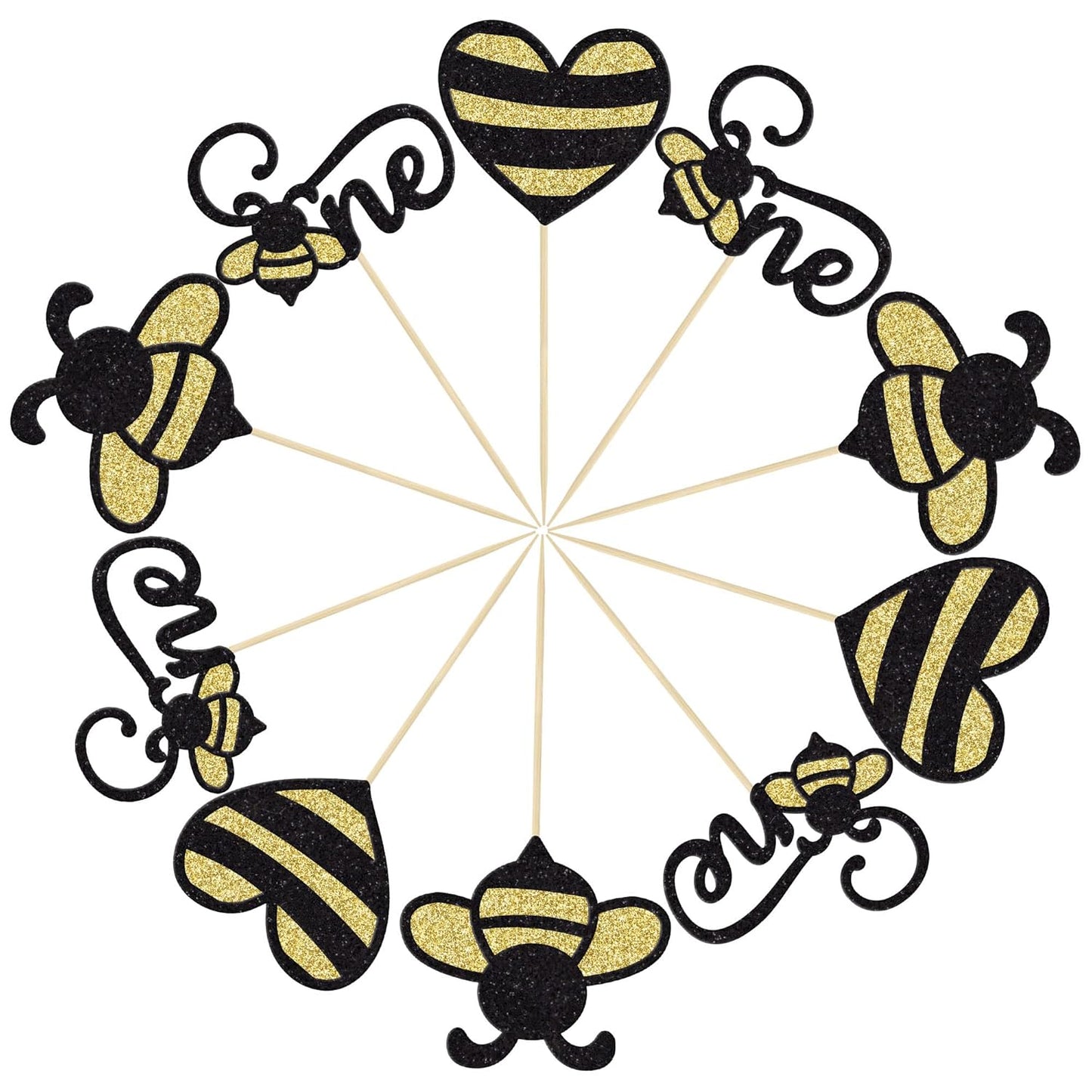 24Pcs Bumble Bee One Cupcake Toppers Heart Bumble Bee Cake Decorations for Boy Girl 1St Birthday Decorations Bee Baby Shower Beehive Honey Party Supplies
