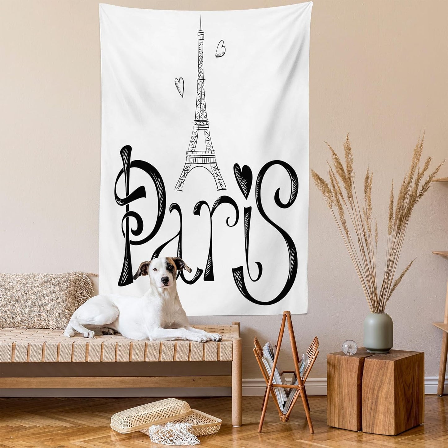 Paris Tapestry, Illustration with Eiffel Tower France Heart Shapes Silhouette Vacation Theme Art, Wall Hanging for Bedroom Living Room Dorm Decor, 40" X 60", White and Black