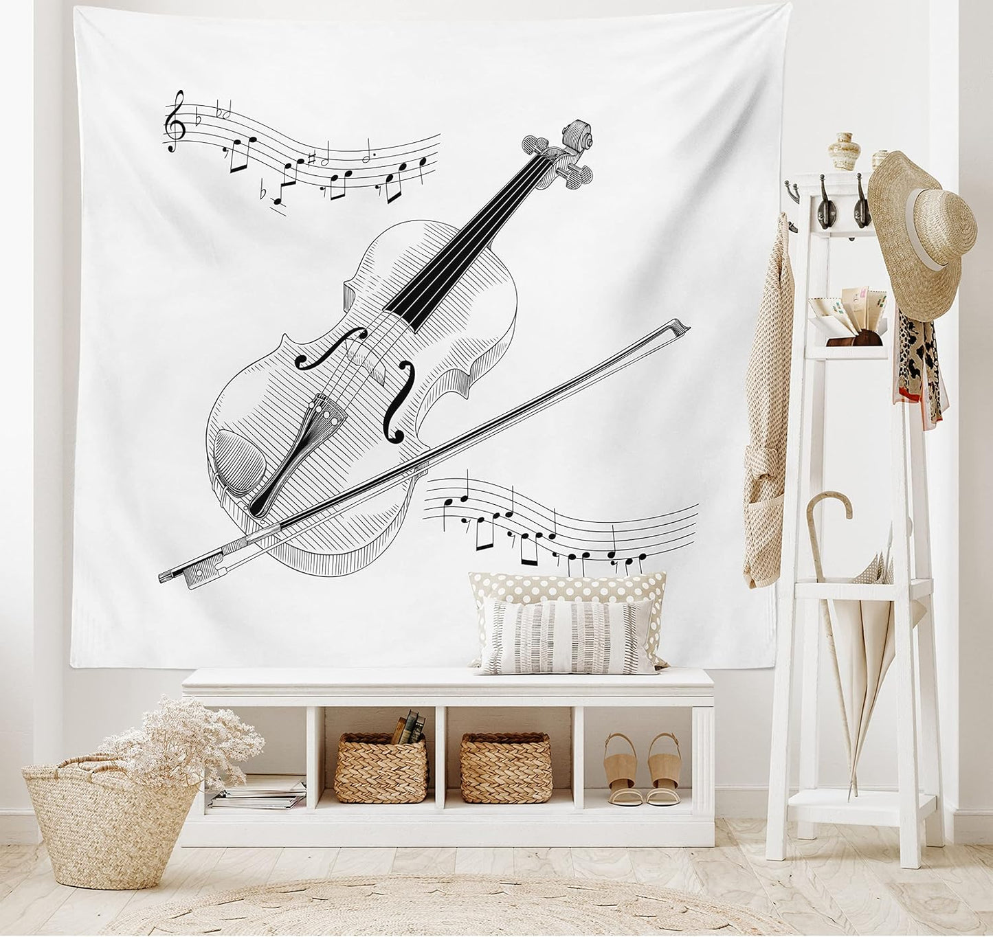 Violin Tapestry, Symphony Classical High Art Music Instrument Performing Cello Orchestra Print, Fabric Wall Hanging Decor for Bedroom Living Room Dorm, 45" X 30", Black and White